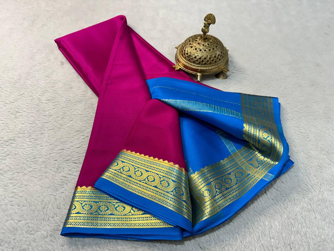 Drape Elegance: Mysore Silk Saree with Bold Contrast Zari