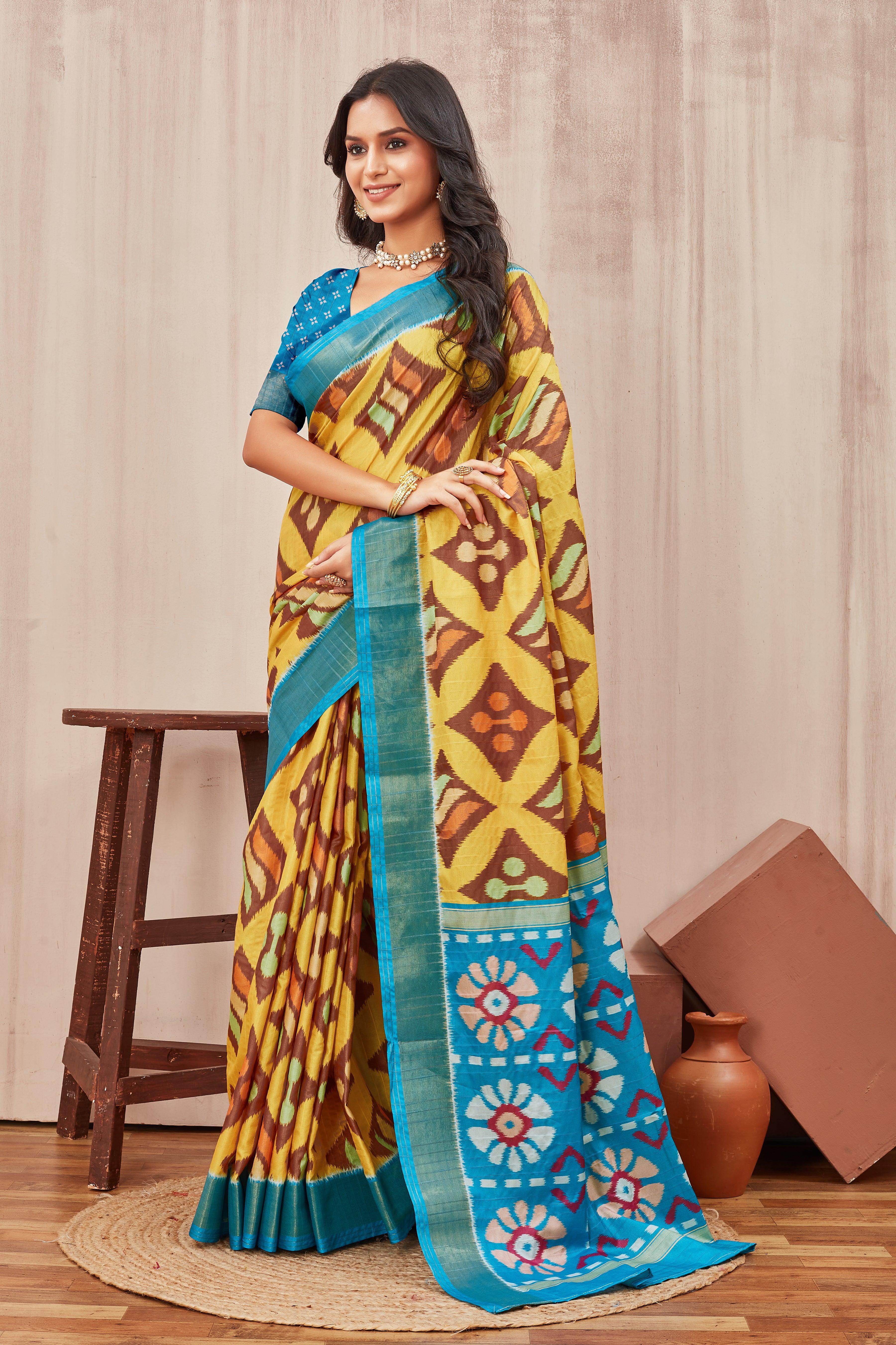 Digital ikkat printed soft silk sarees
