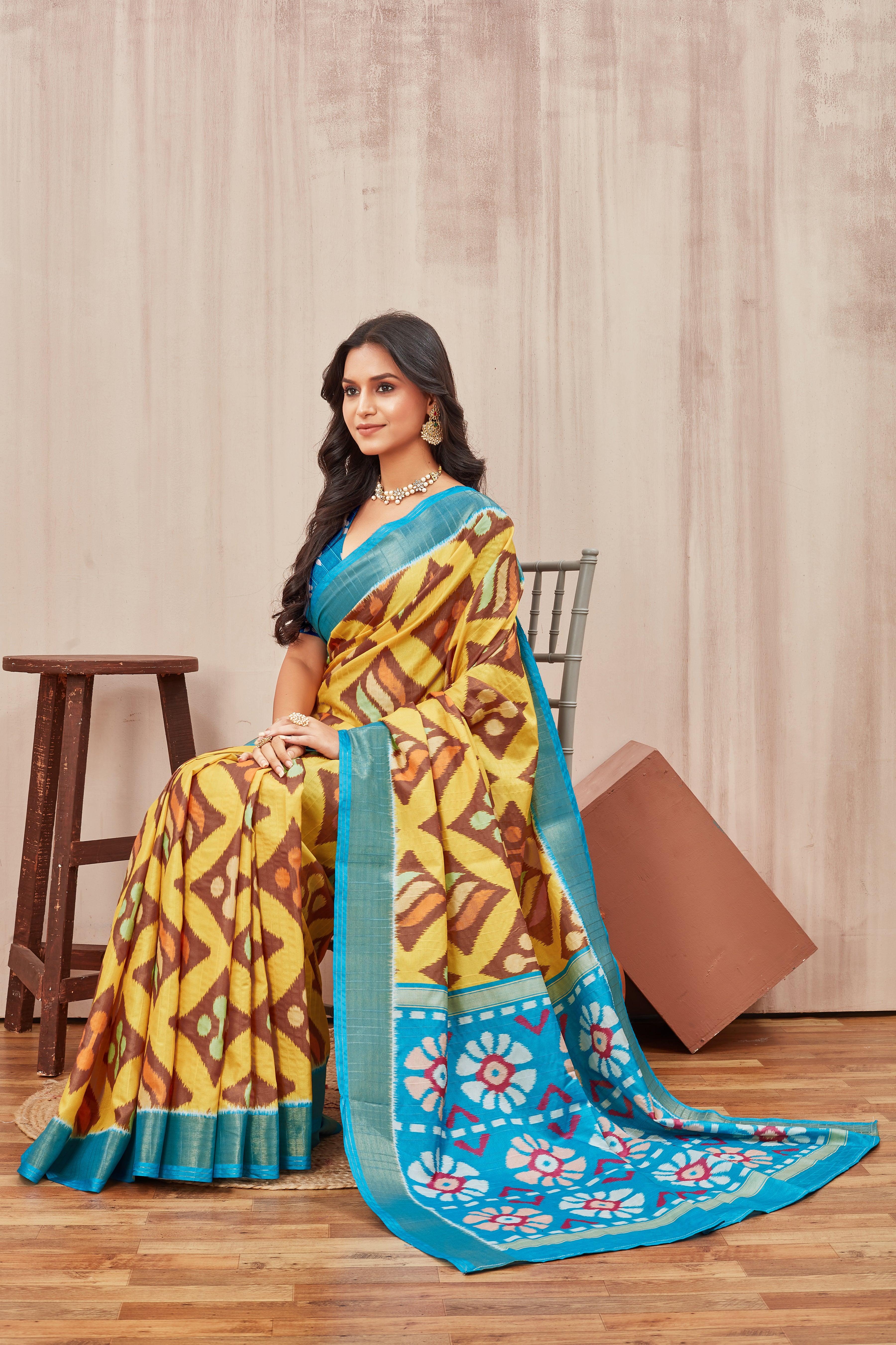 Digital ikkat printed soft silk sarees
