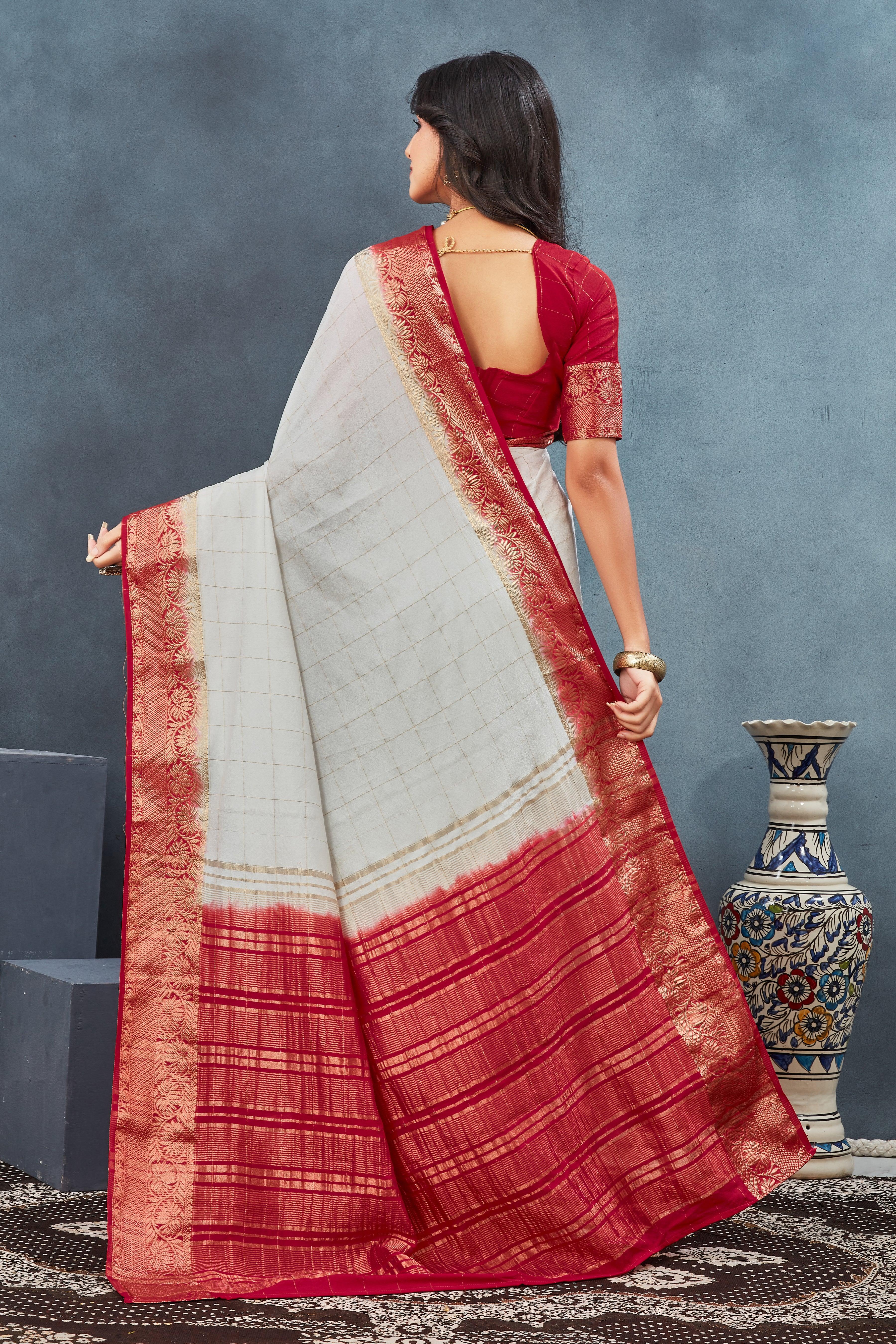 Exclusive White and Red Mysore Crepe Soft  Silk Sarees