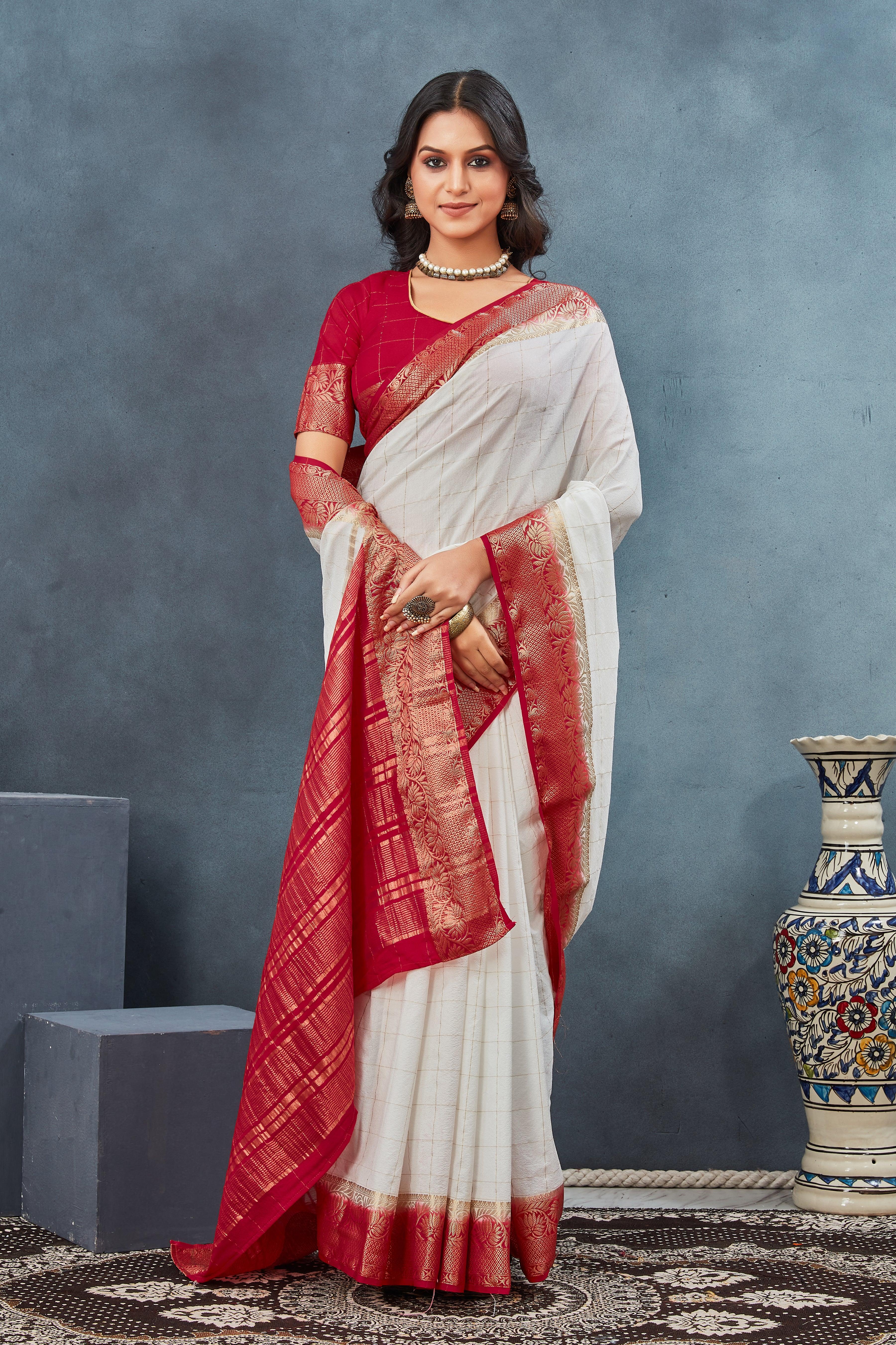 Exclusive White and Red Mysore Crepe Soft  Silk Sarees