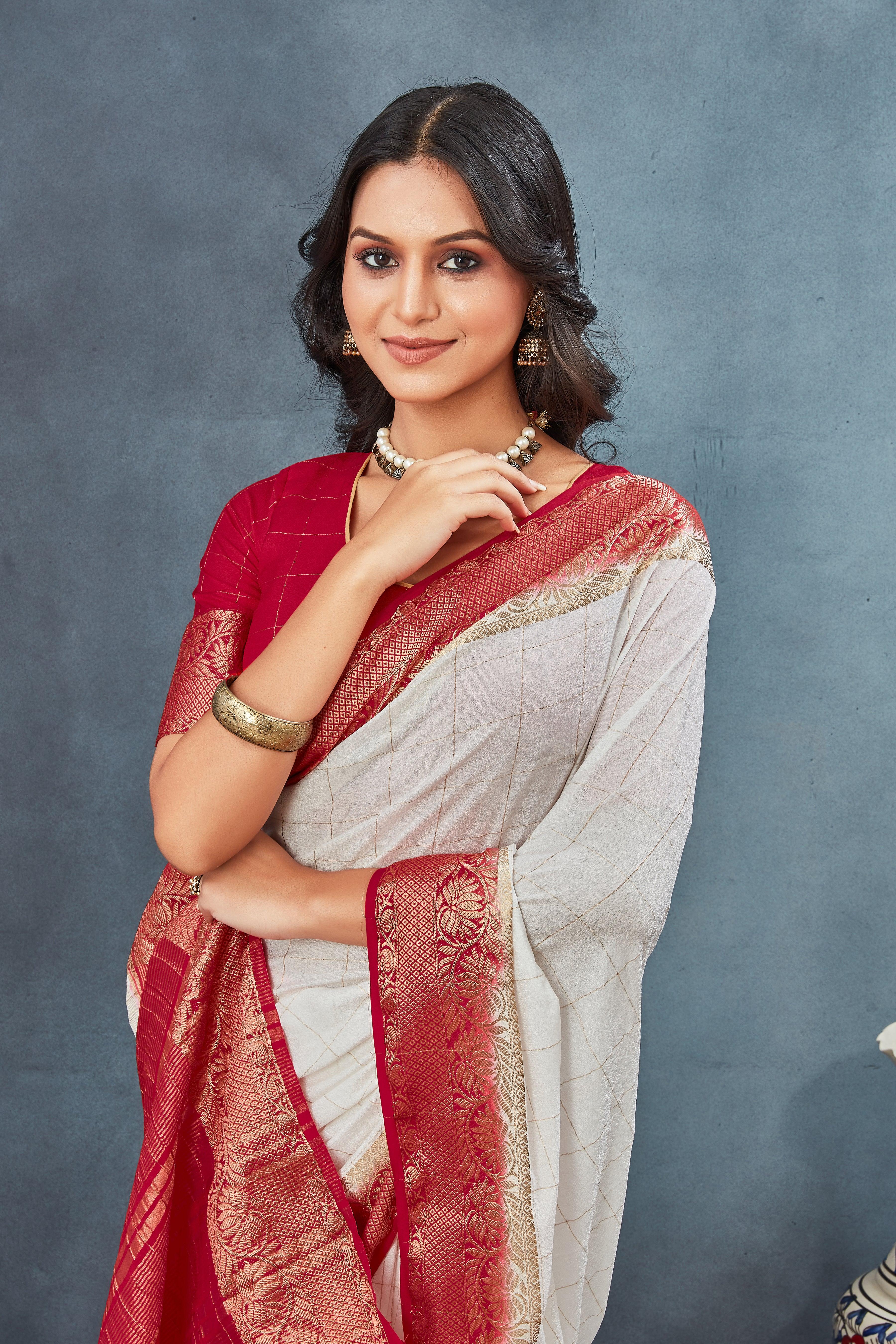 Exclusive White and Red Mysore Crepe Soft  Silk Sarees