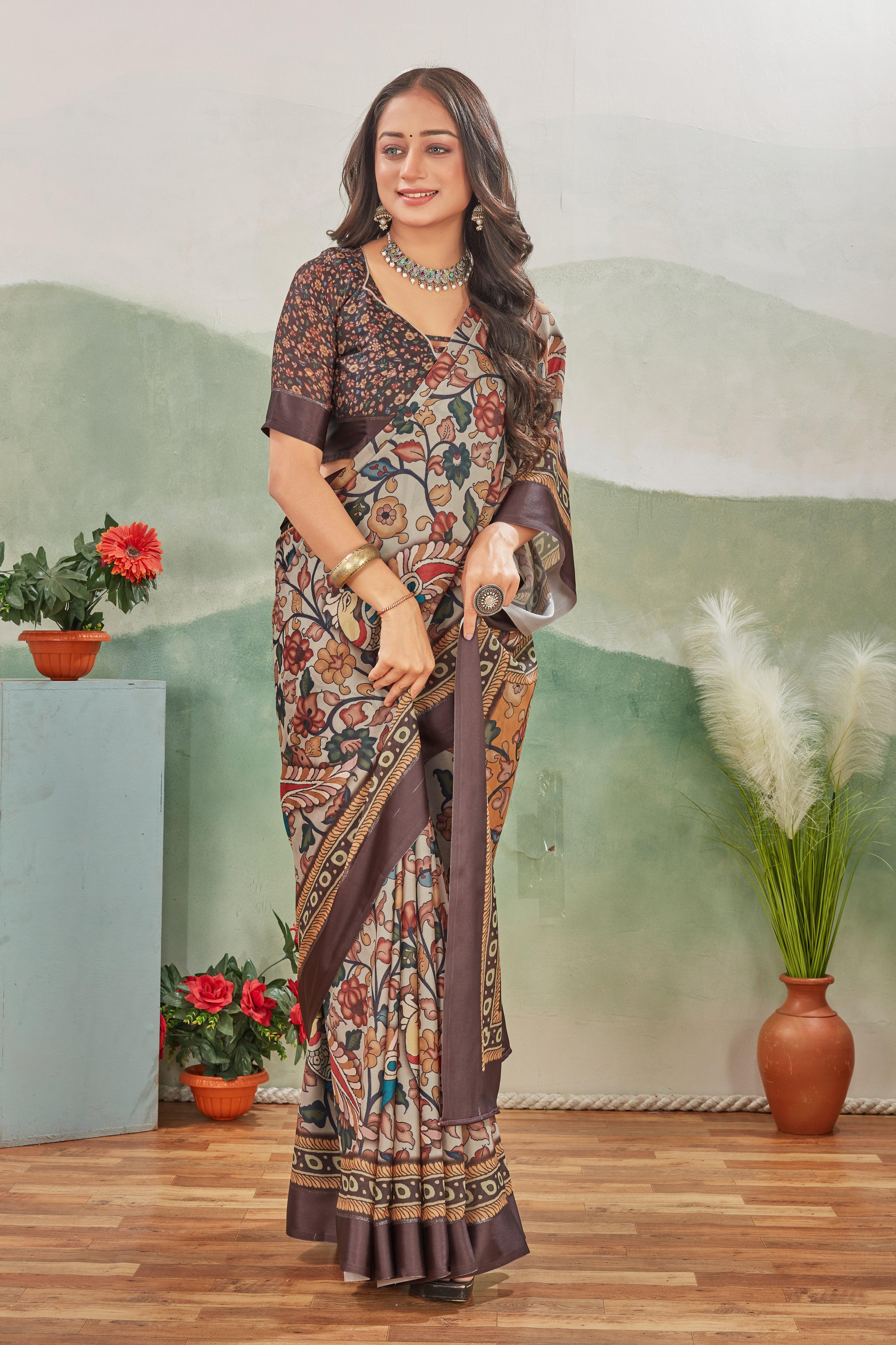 A Symphony of Colors: Kalamkari Prints and Pallu Design on Crepe Silk