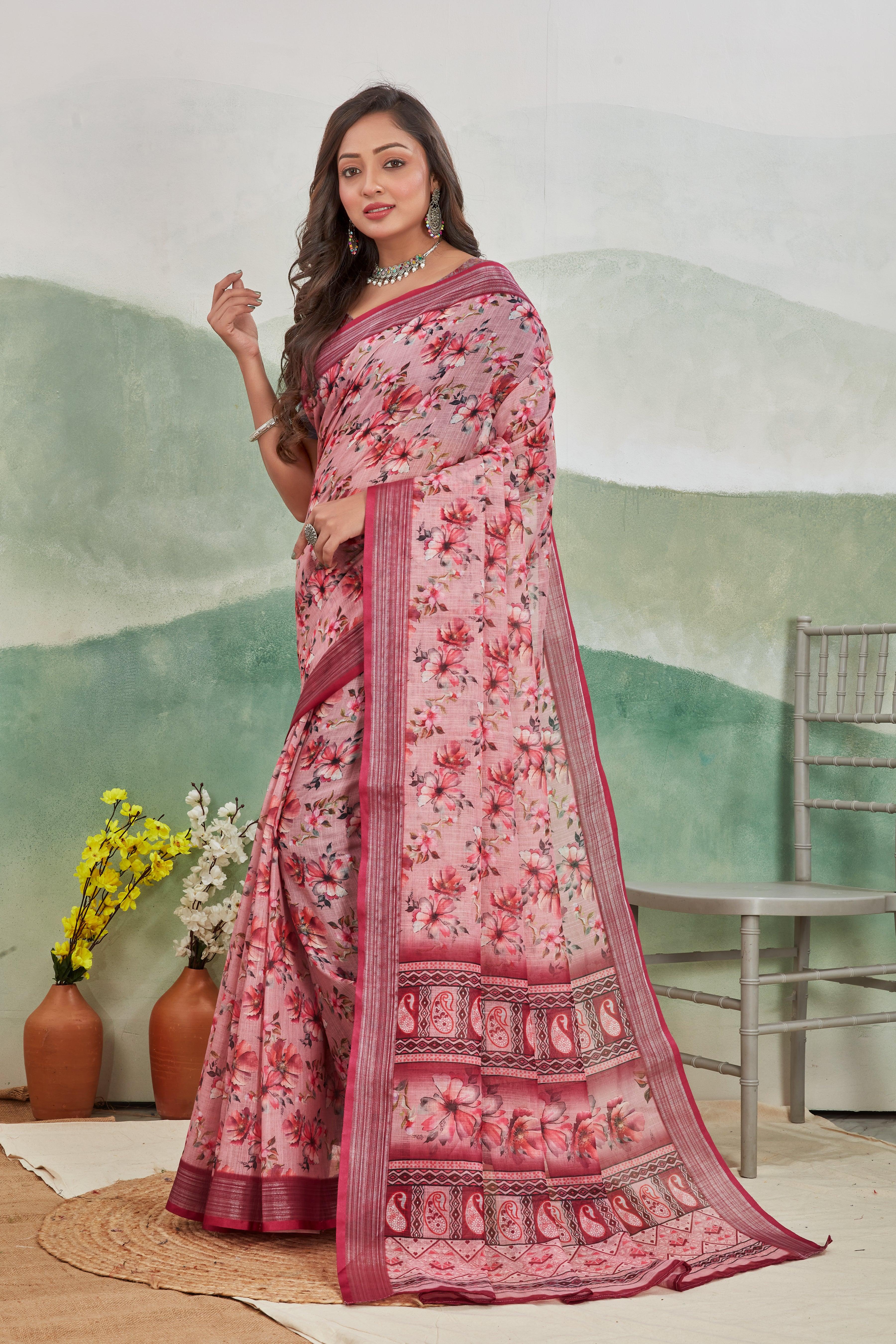 Pure Linen Saree For Every Occasion in Salmon Pink