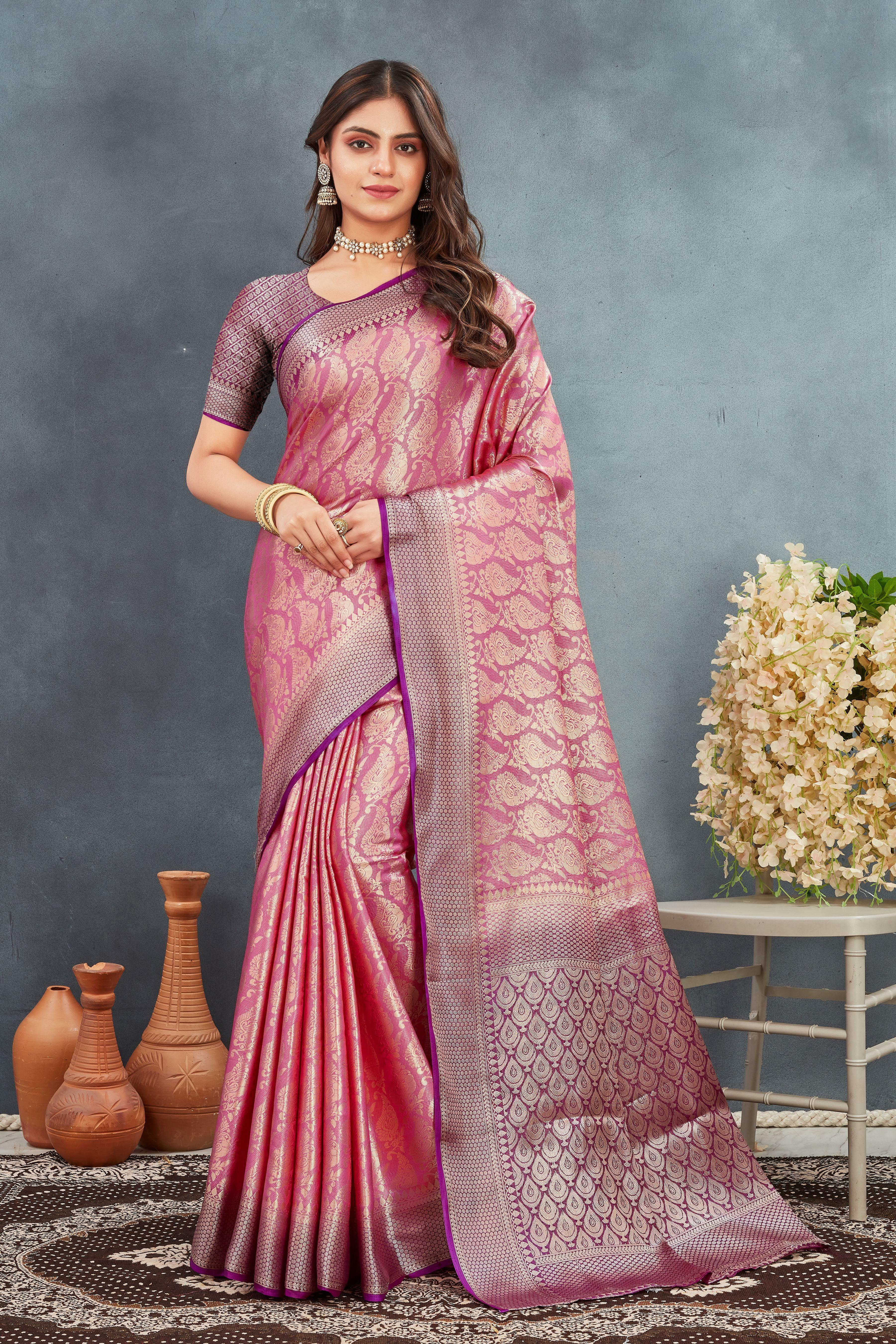 Pure Brocade Mysore Silk sarees in salmon pink