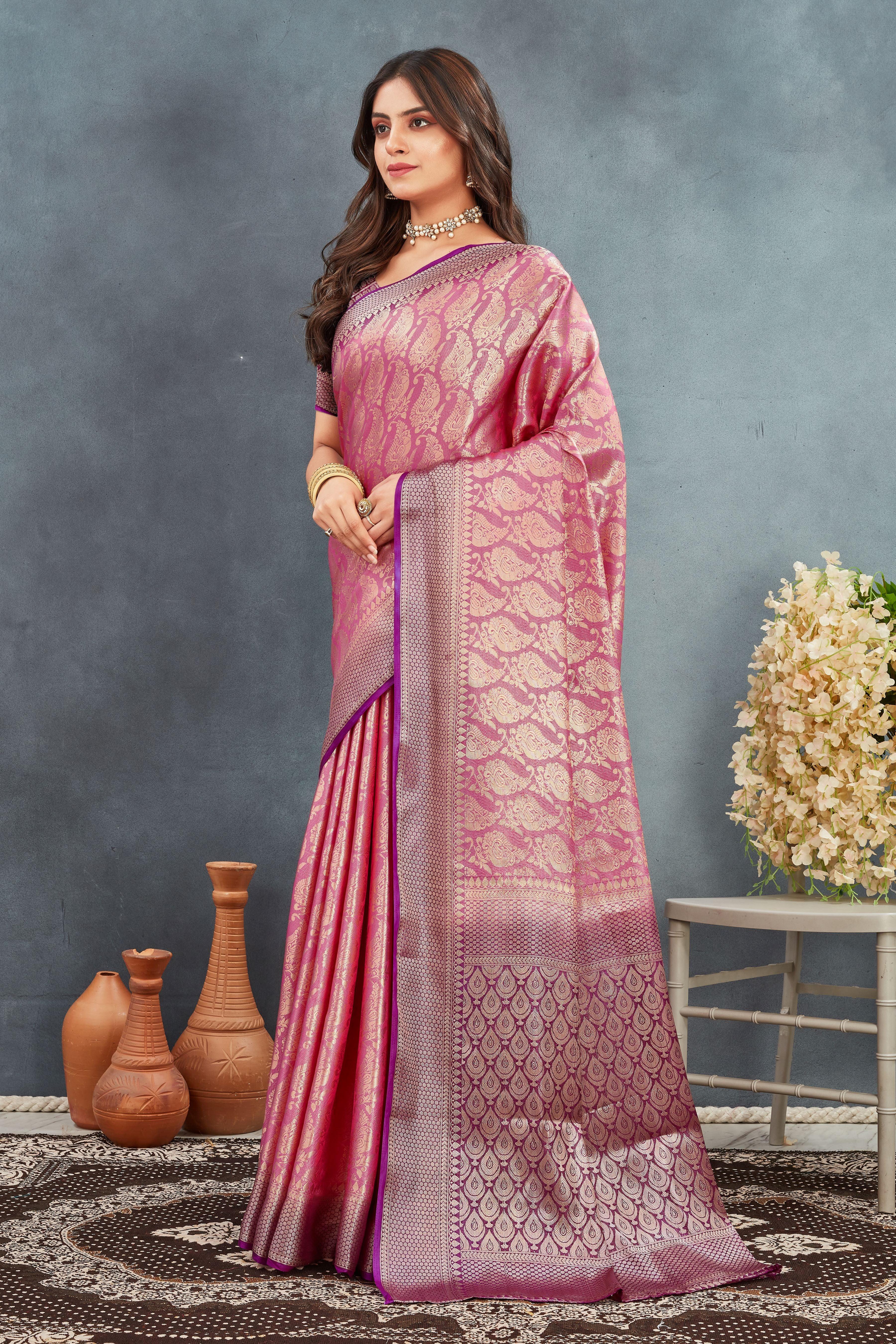 Pure Brocade Mysore Silk sarees in salmon pink