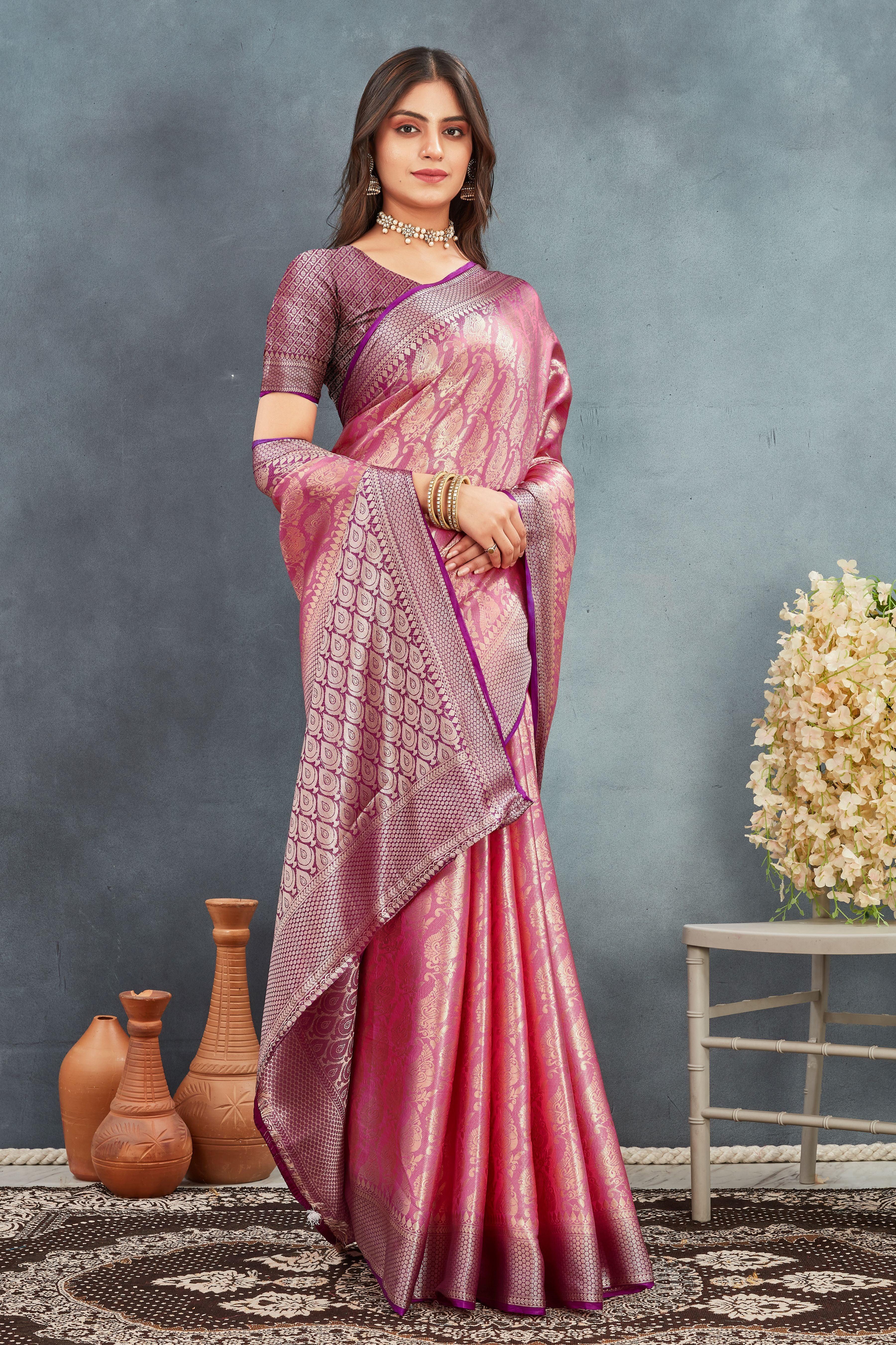 Pure Brocade Mysore Silk sarees in salmon pink
