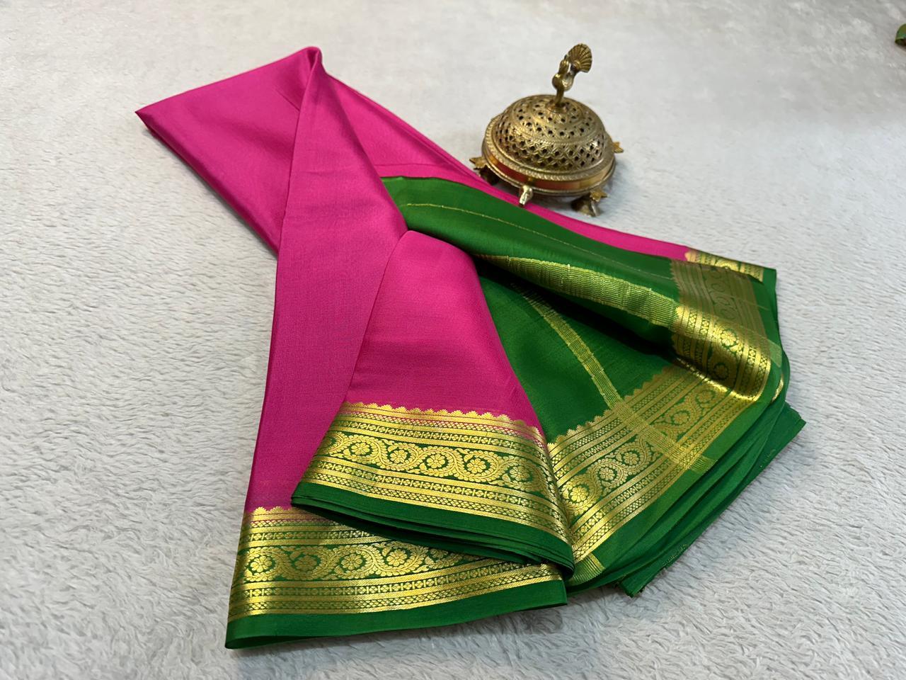Regal Charm: Mysore Silk Saree with Timeless Contrast Zari Accents