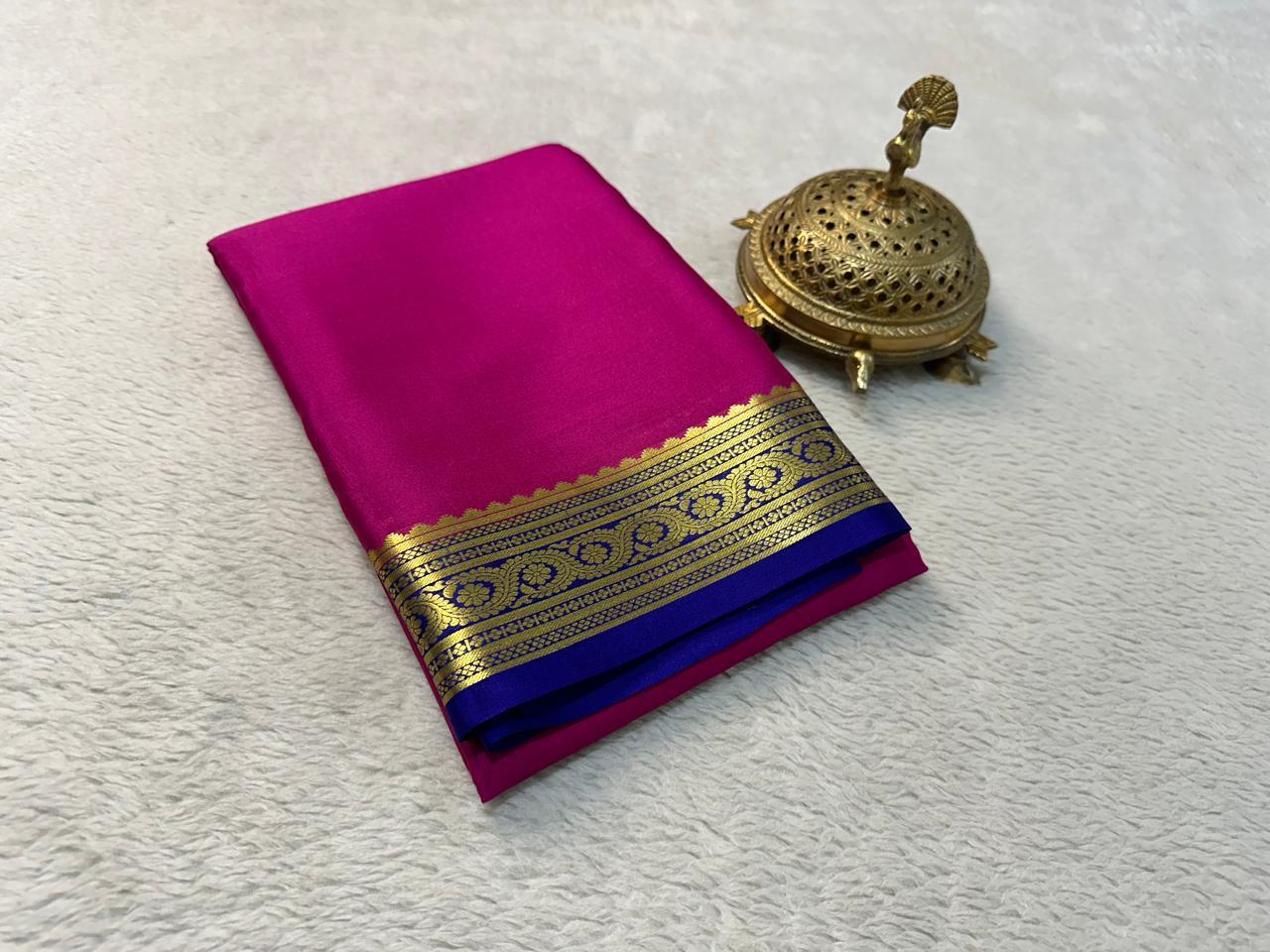 Golden Elegance: Pure Mysore Silk Saree with Luxe Border Details