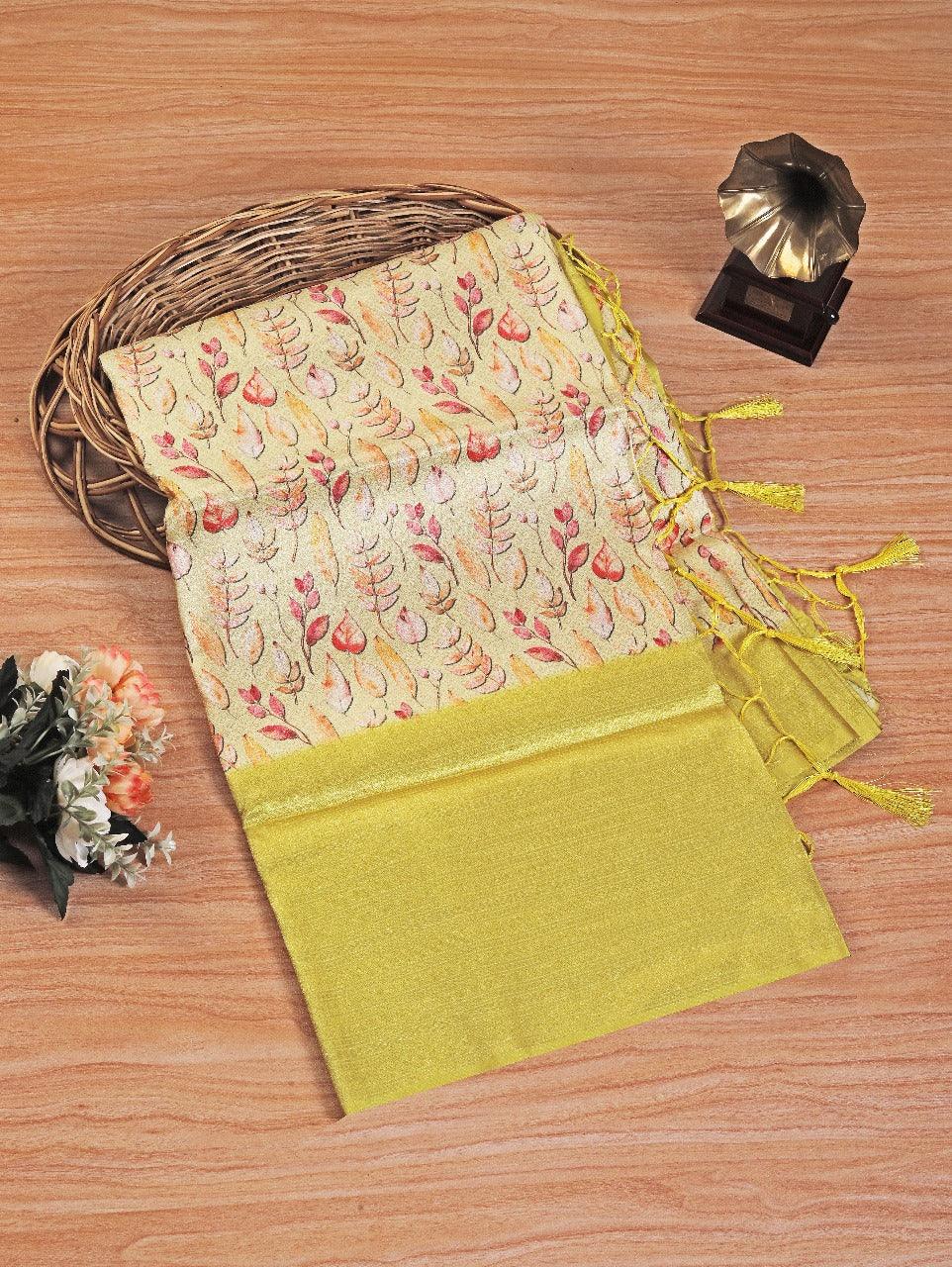 Exclusive soft silk digital print in yellow colour saree