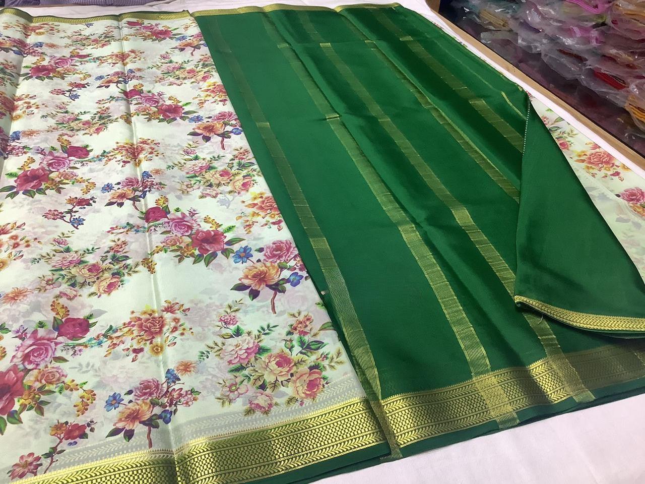Alluring Modern Printed Mysore Crepe Silk with Contrast Pallu