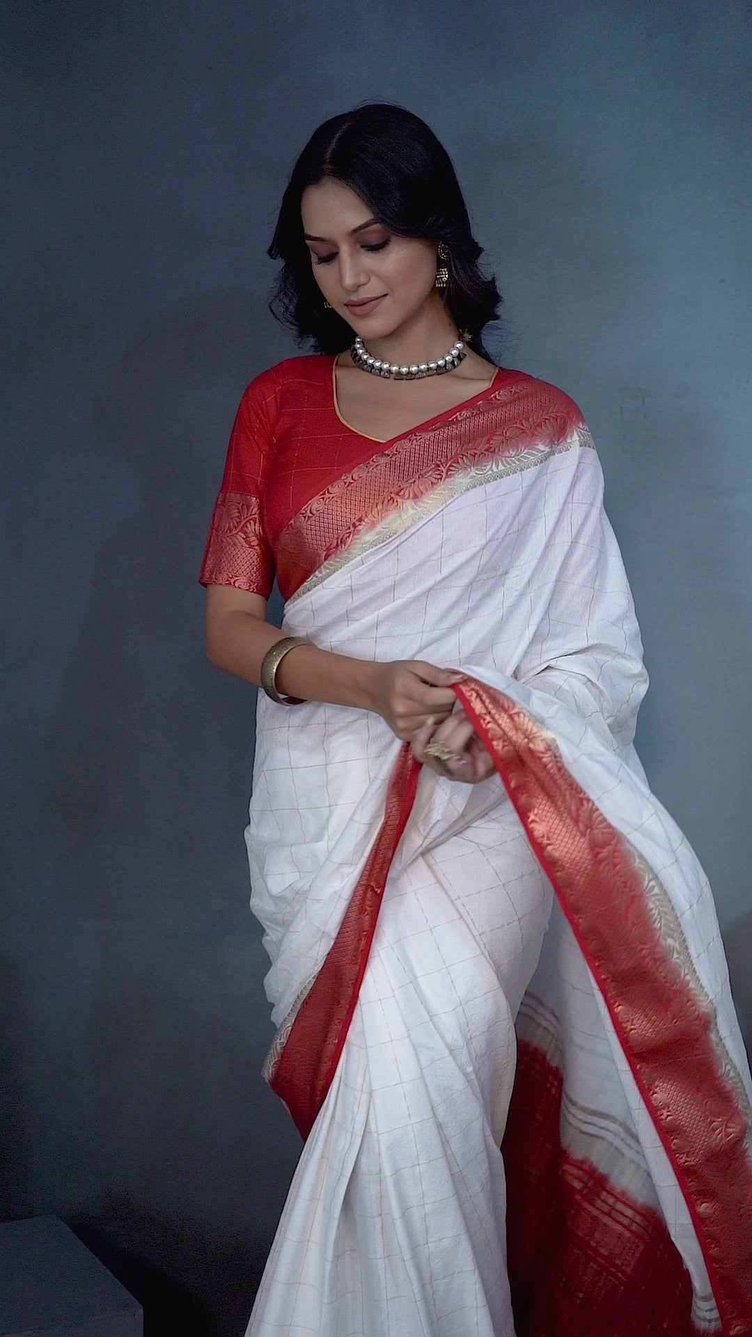Load video: Exclusive White and Red Mysore Crepe Soft  Silk Sarees