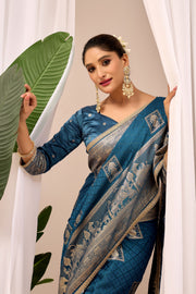 Teal Blue Soft Silk Saree with Intricate Woven Motifs, Rich Zari Border and Designer Traditional Pallu