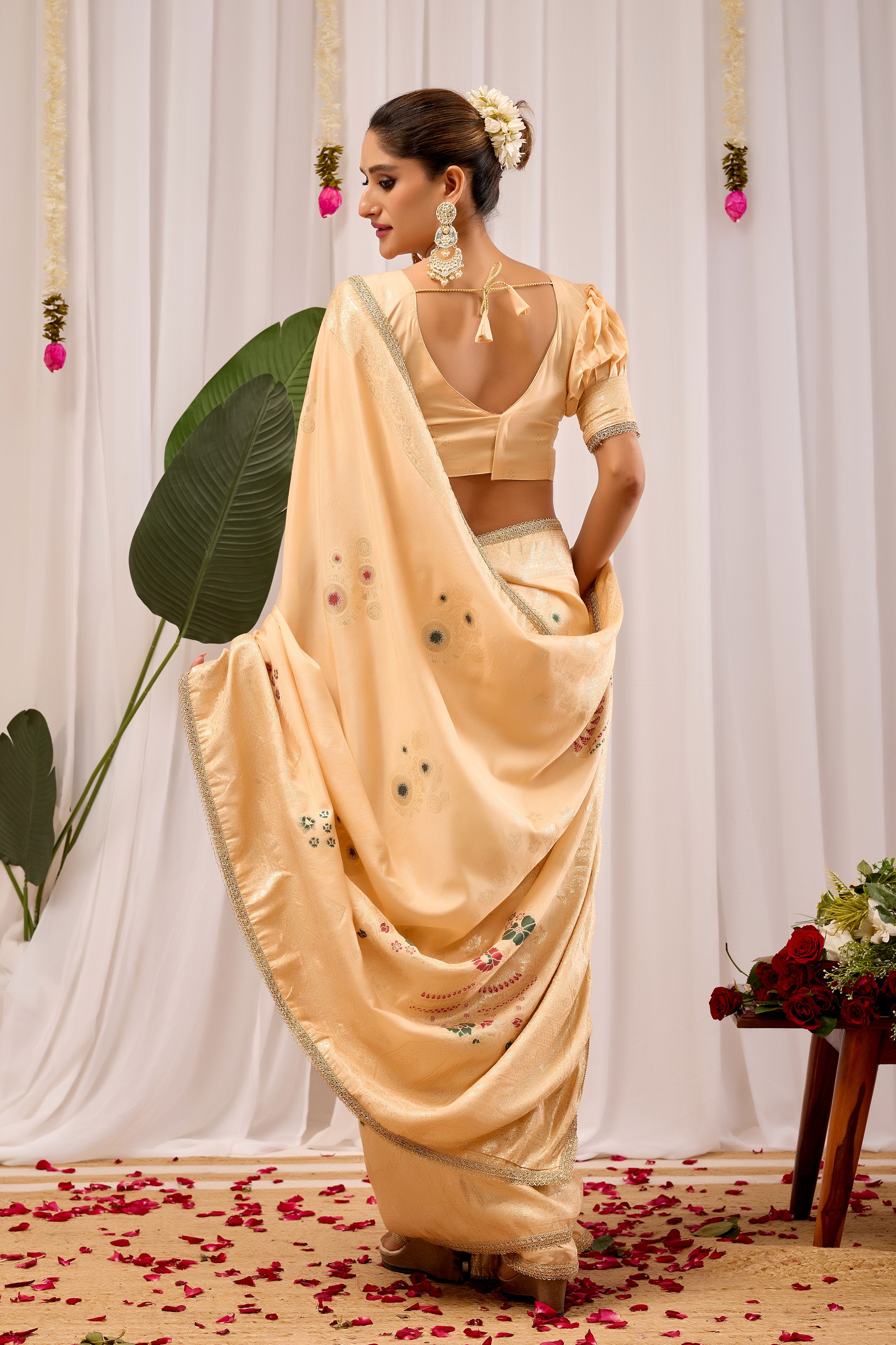 Beige Soft Silk Saree with Minimal Floral Motifs, Elegant Subtle Border, Classic Pallu and Matching Blouse Piece