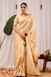 Beige Soft Silk Saree with Minimal Floral Motifs, Elegant Subtle Border, Classic Pallu and Matching Blouse Piece