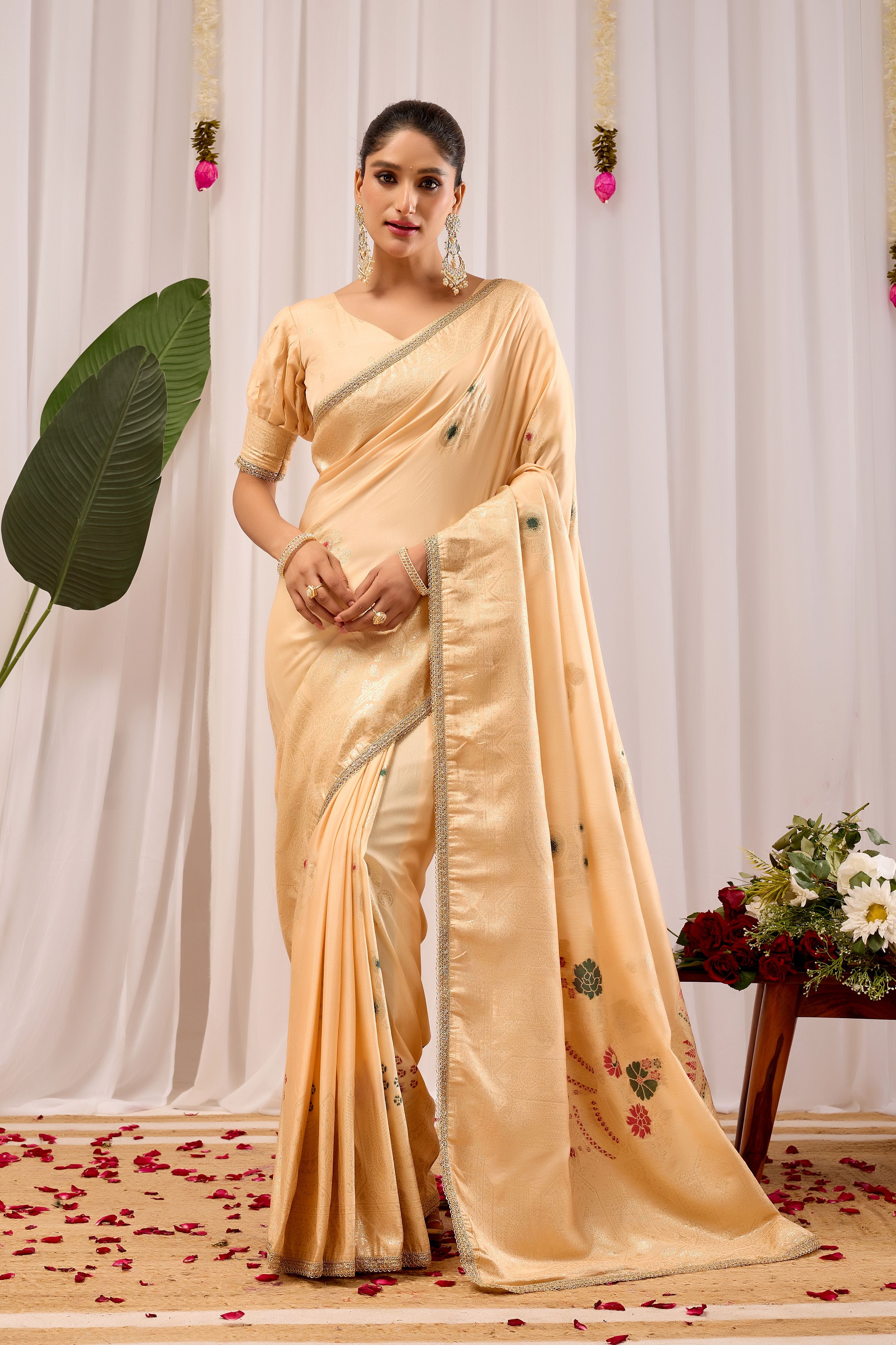 Beige Soft Silk Saree with Minimal Floral Motifs, Elegant Subtle Border, Classic Pallu and Matching Blouse Piece