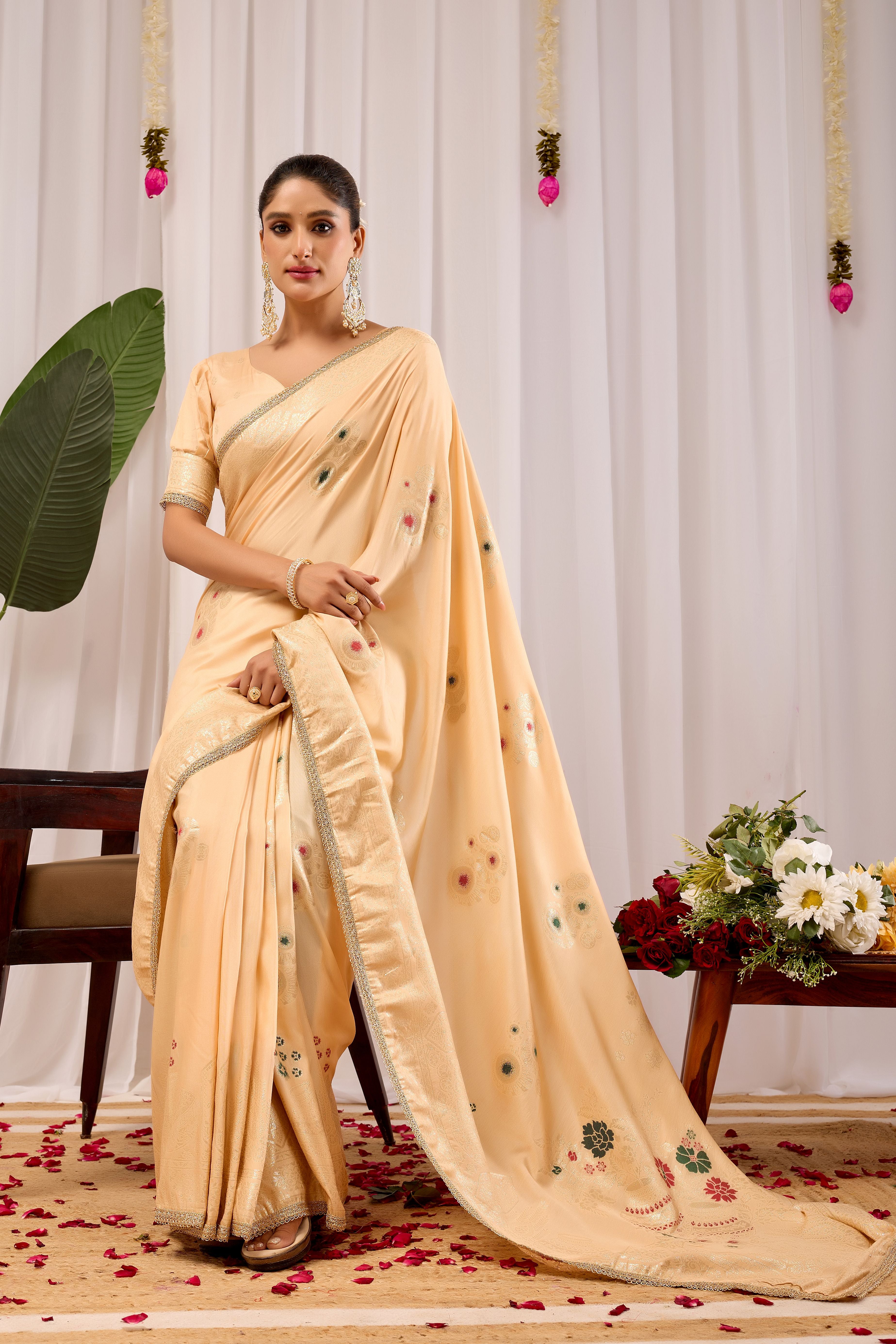 Champagne Gold Silk Saree with Handwoven Floral Motifs