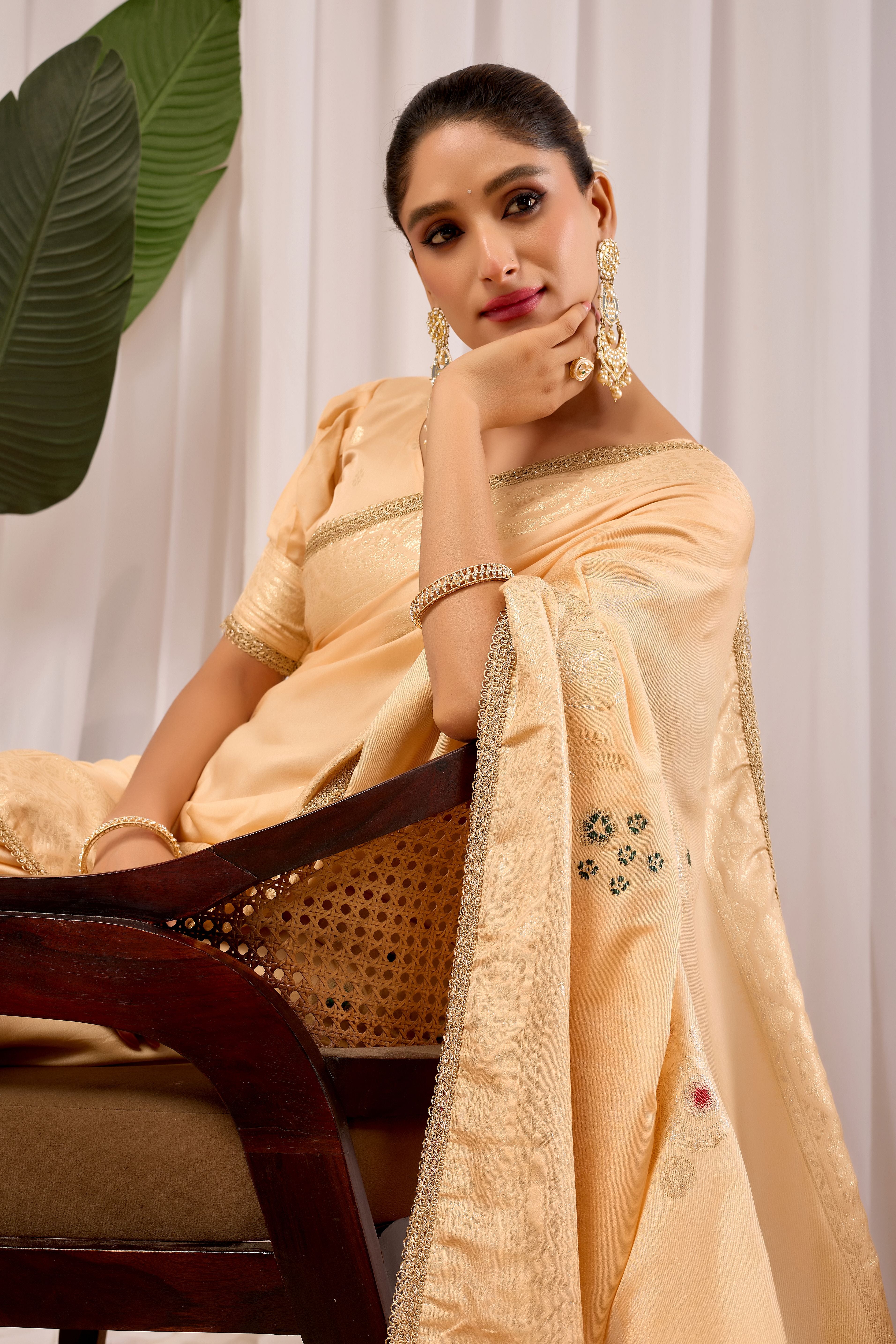 Beige Soft Silk Saree with Minimal Floral Motifs, Elegant Subtle Border, Classic Pallu and Matching Blouse Piece
