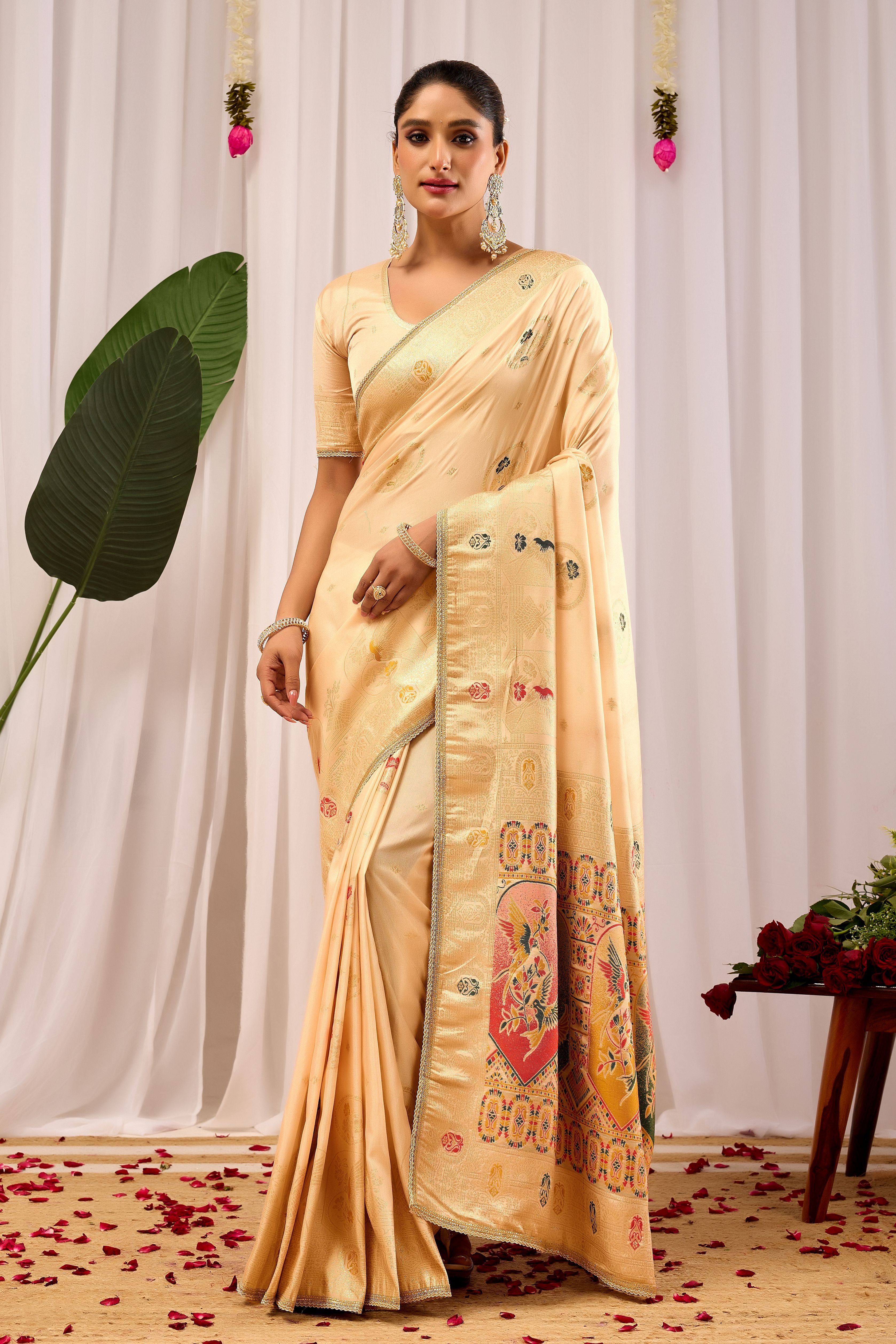 Elegant  Satin  Silk Saree with Traditional Motifs  Timeless Indian Ethnic Wear
