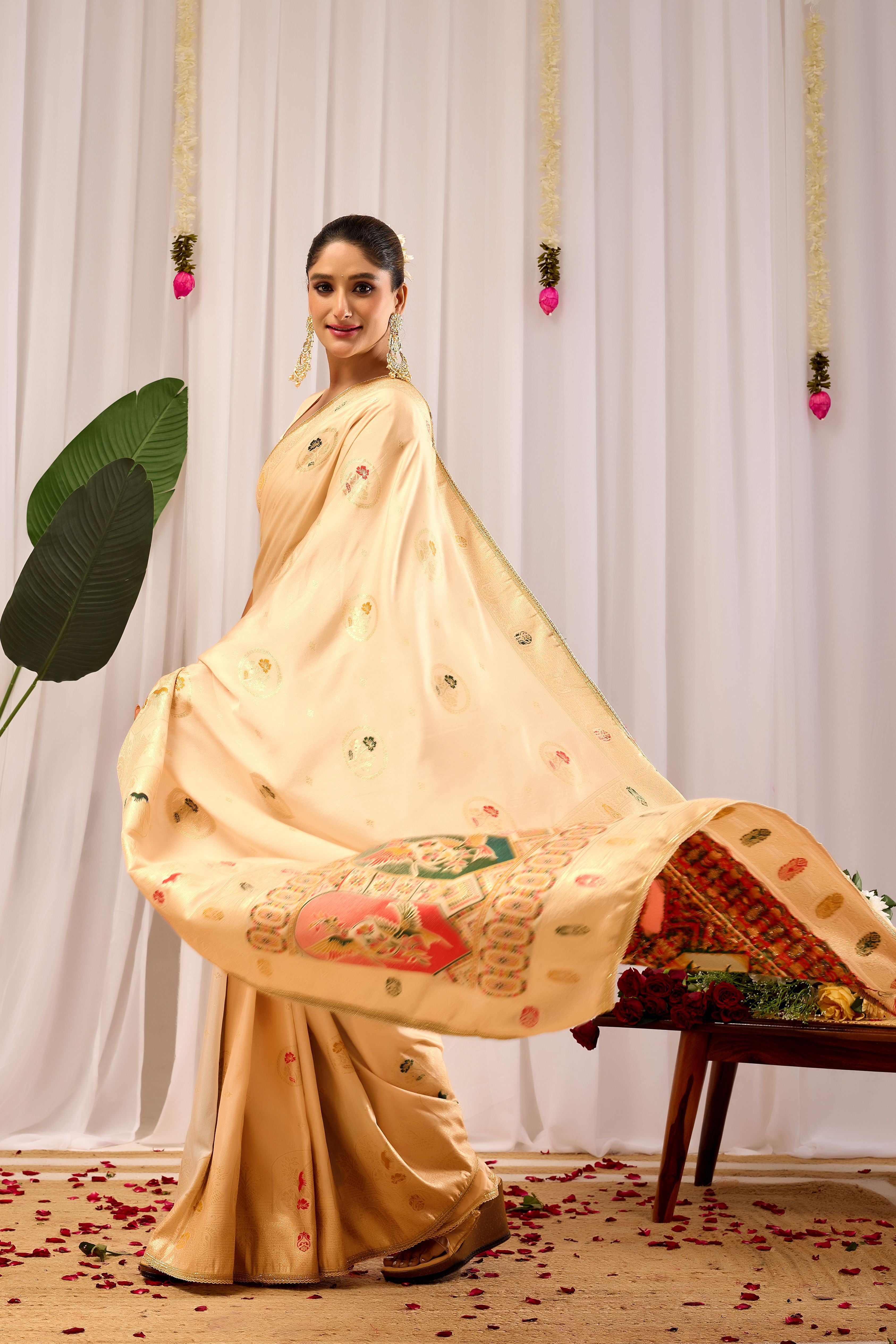 Elegant  Satin  Silk Saree with Traditional Motifs  Timeless Indian Ethnic Wear