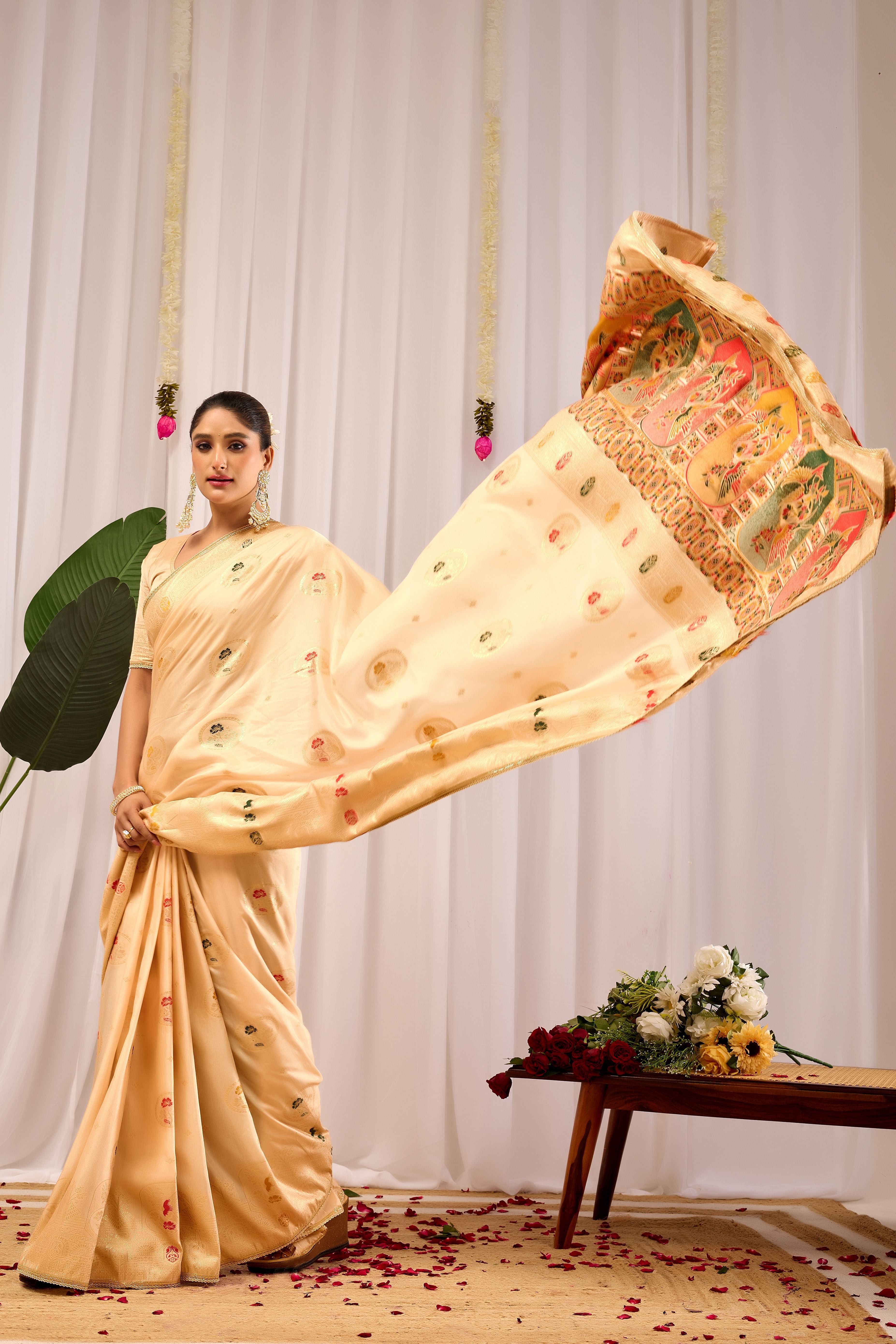 Elegant  Satin  Silk Saree with Traditional Motifs  Timeless Indian Ethnic Wear