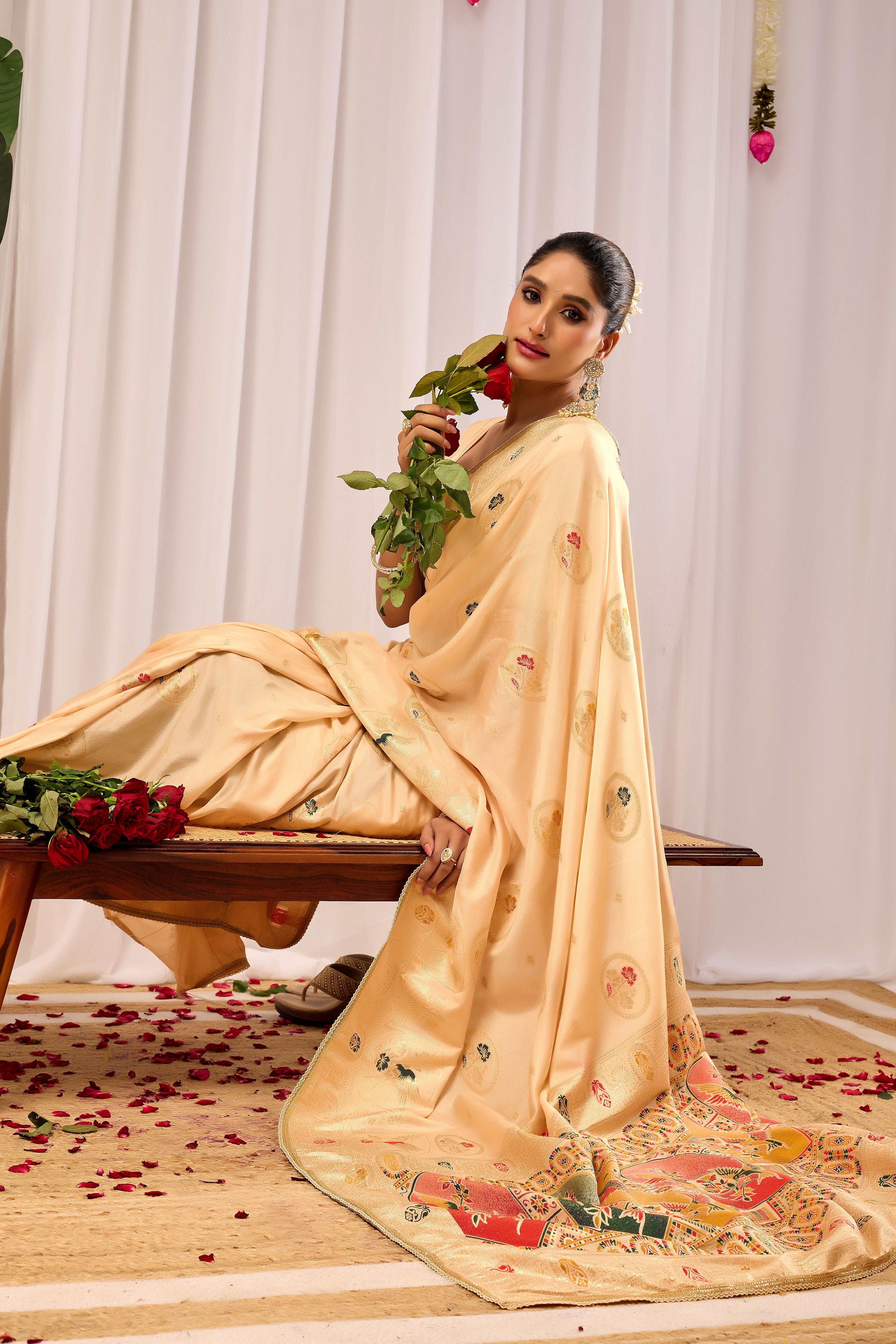 Elegant  Satin  Silk Saree with Traditional Motifs  Timeless Indian Ethnic Wear