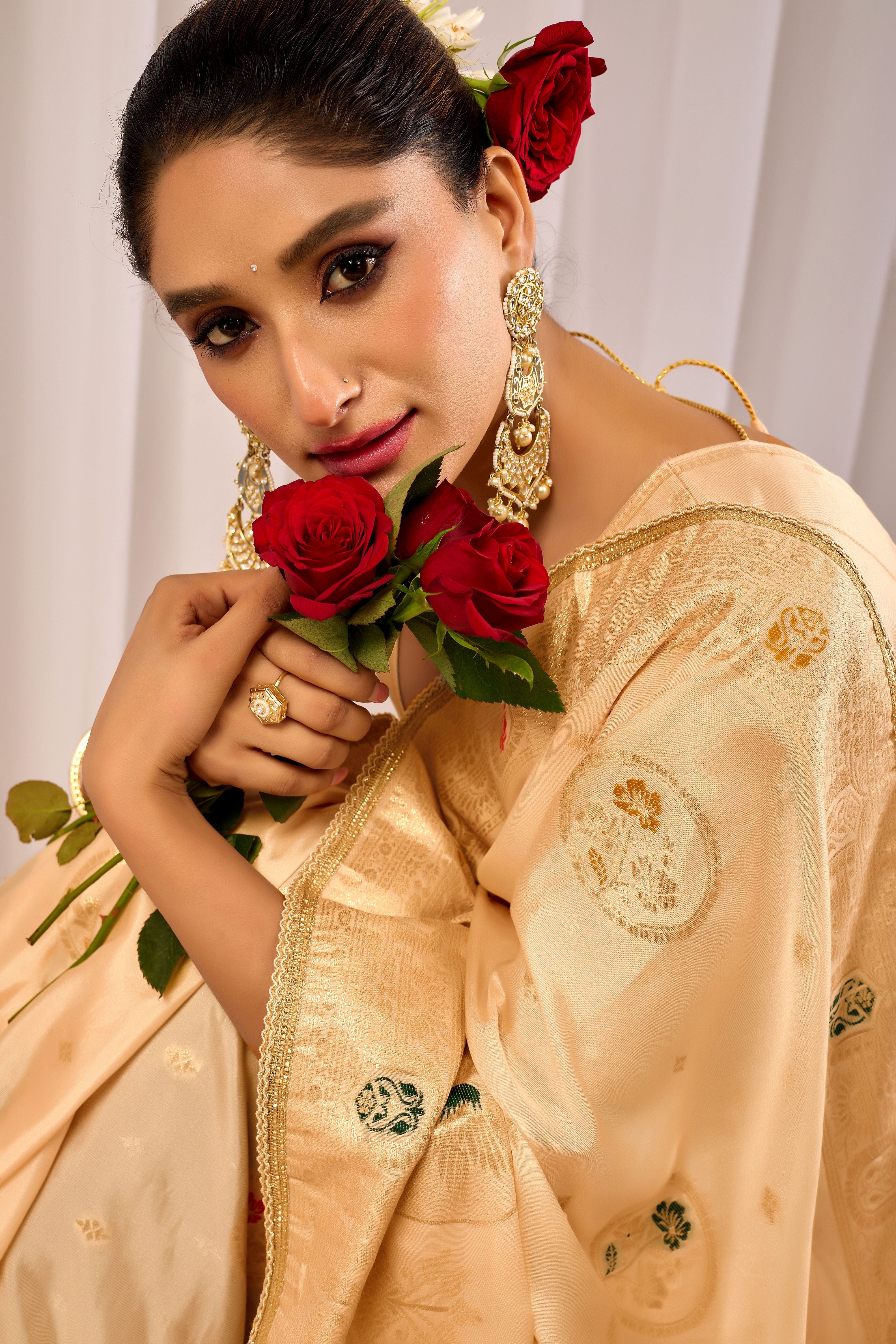 Elegant  Satin  Silk Saree with Traditional Motifs  Timeless Indian Ethnic Wear