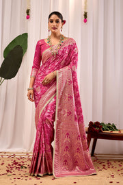 Elegant Rose Pink Floral Saree Featuring Traditional Motifs and Rich Zari Border for Festive Occasions