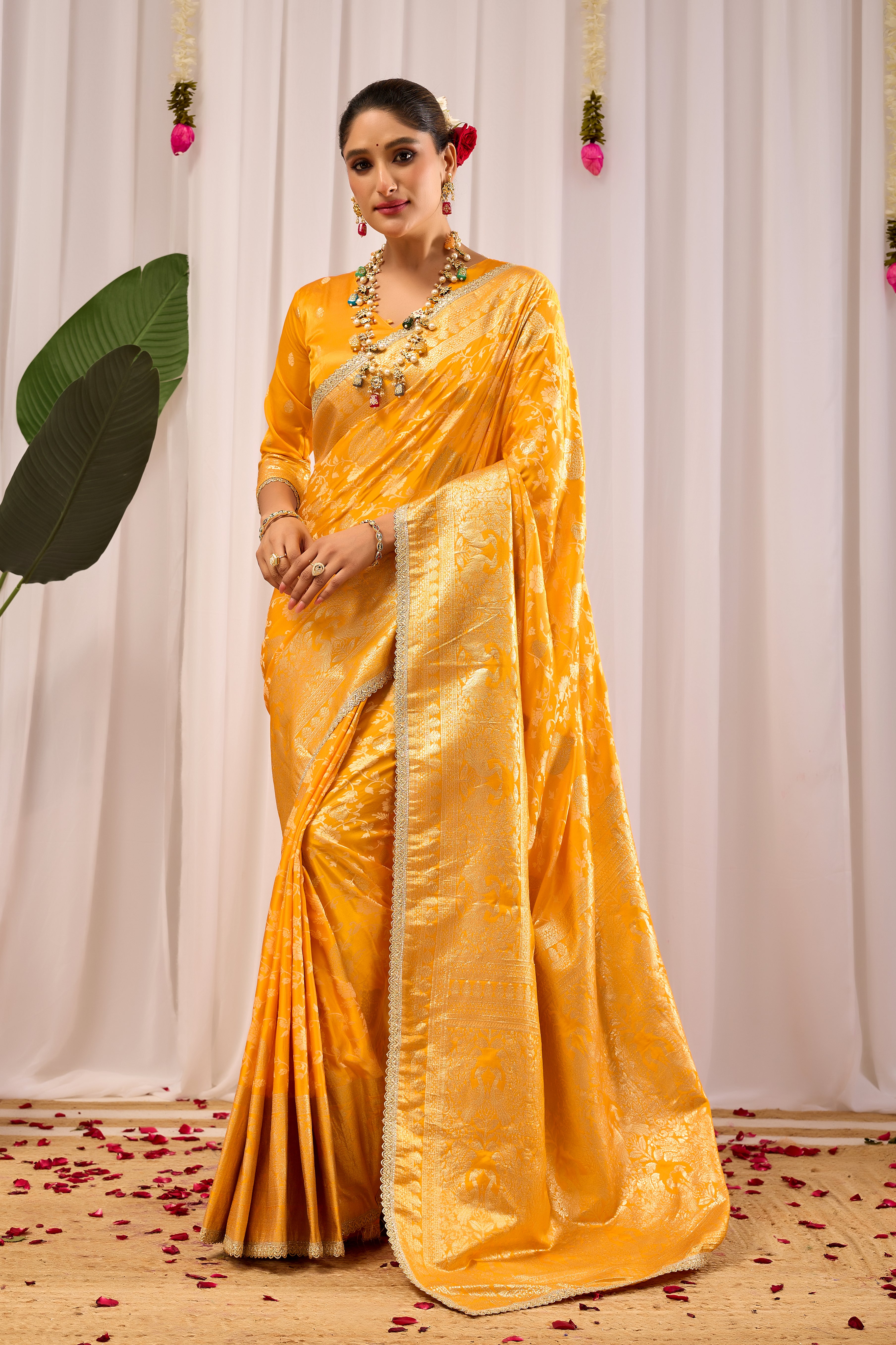 Golden Mustard Heritage Floral  Saree in Luxurious Silk Blend with Intricate Zari Border and Timeless Ethnic Elegance
