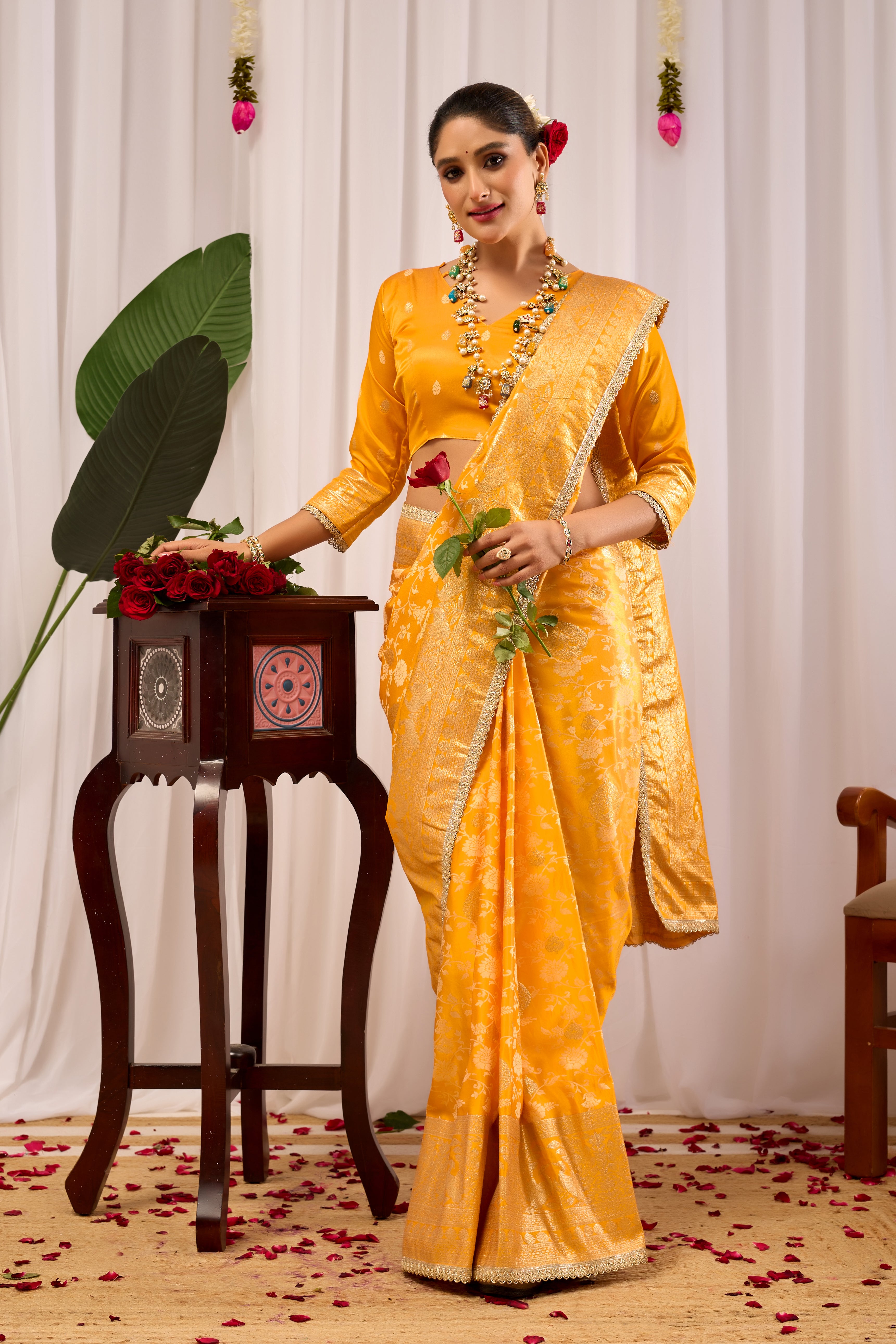 Golden Mustard Heritage Floral  Saree in Luxurious Silk Blend with Intricate Zari Border and Timeless Ethnic Elegance