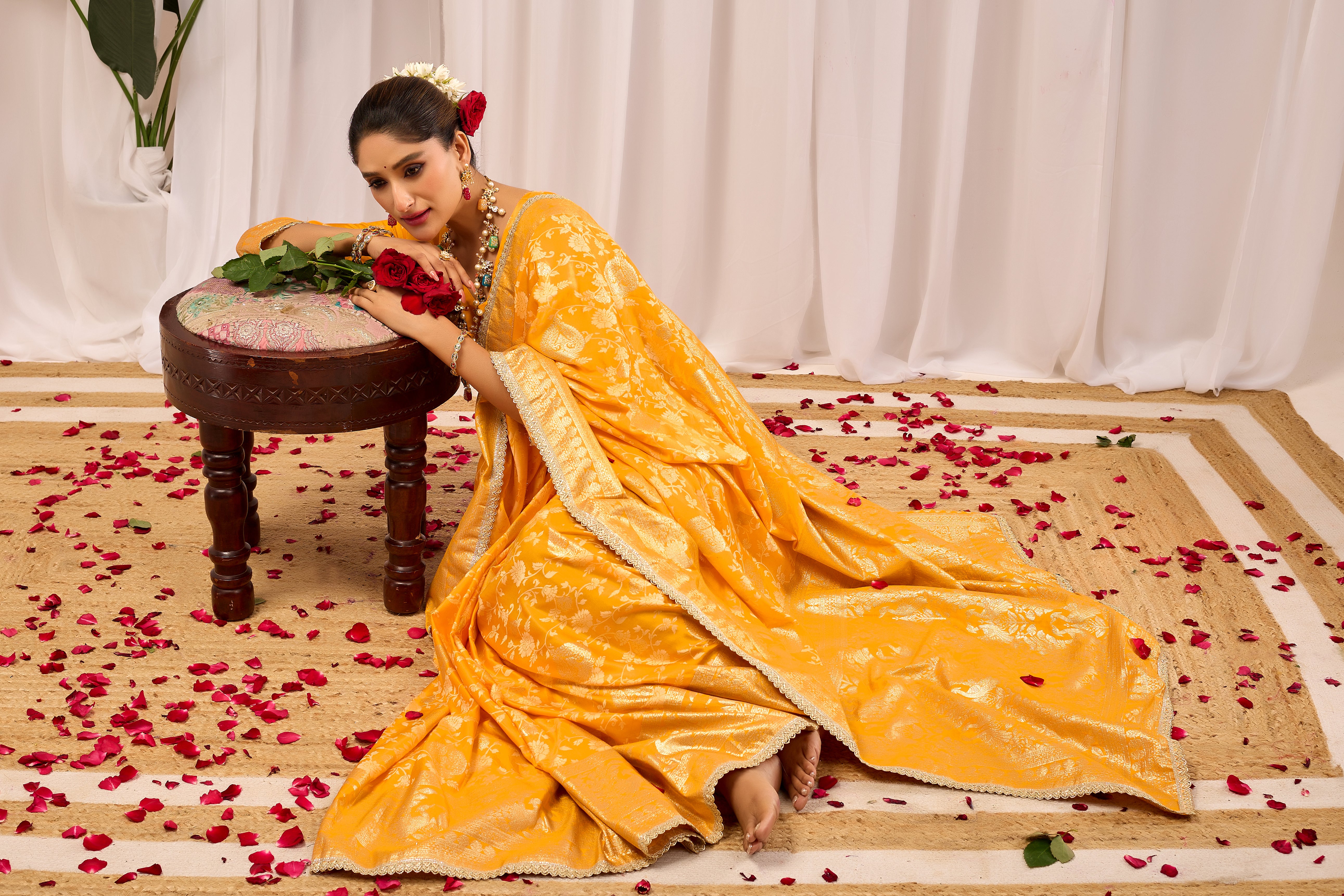 Golden Mustard Heritage Floral  Saree in Luxurious Silk Blend with Intricate Zari Border and Timeless Ethnic Elegance