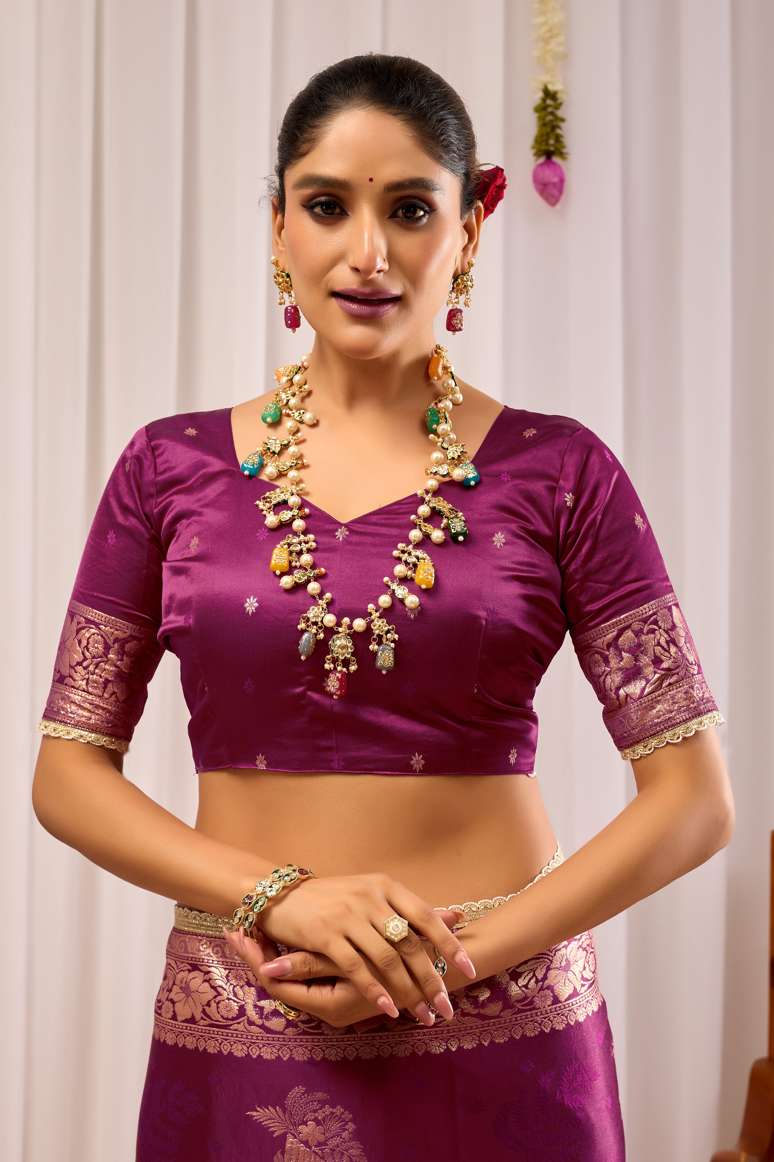 Royal Wine Purple Heritage Floral  Saree in Luxurious Silk Blend with Rich Gold Zari Border and Timeless Traditional Elegance