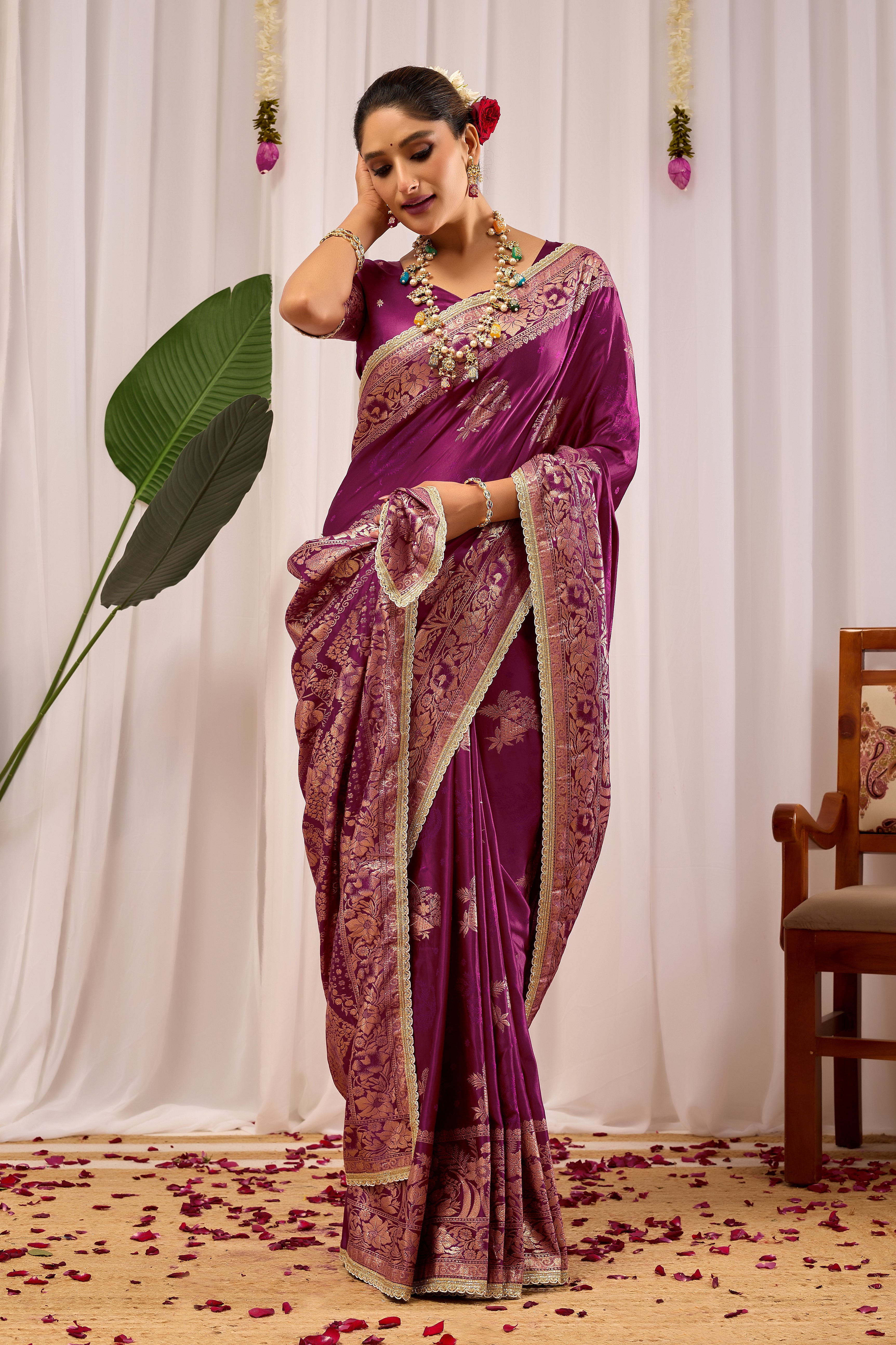 Royal Wine Purple Heritage Floral  Saree in Luxurious Silk Blend with Rich Gold Zari Border and Timeless Traditional Elegance