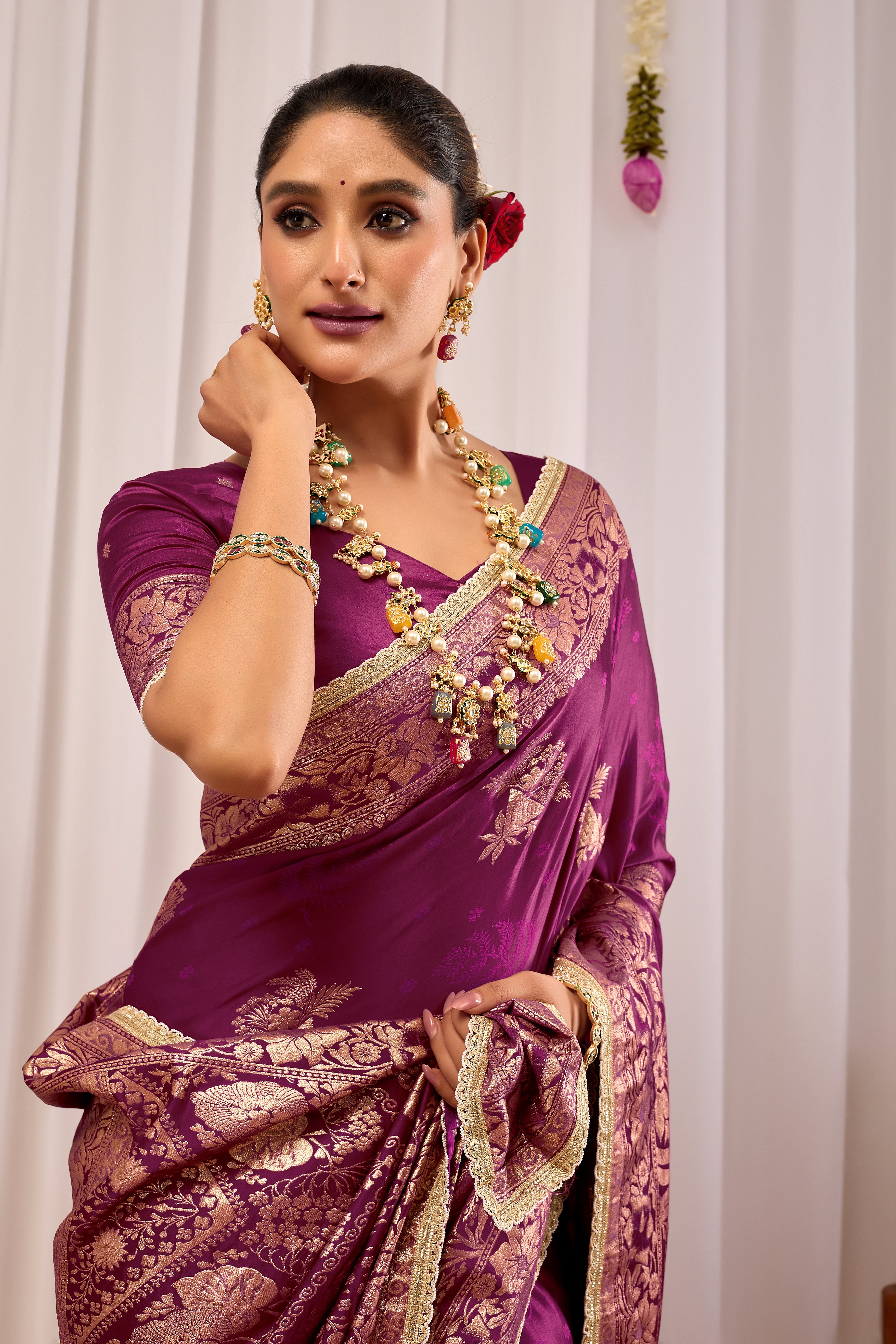 Royal Wine Purple Heritage Floral  Saree in Luxurious Silk Blend with Rich Gold Zari Border and Timeless Traditional Elegance
