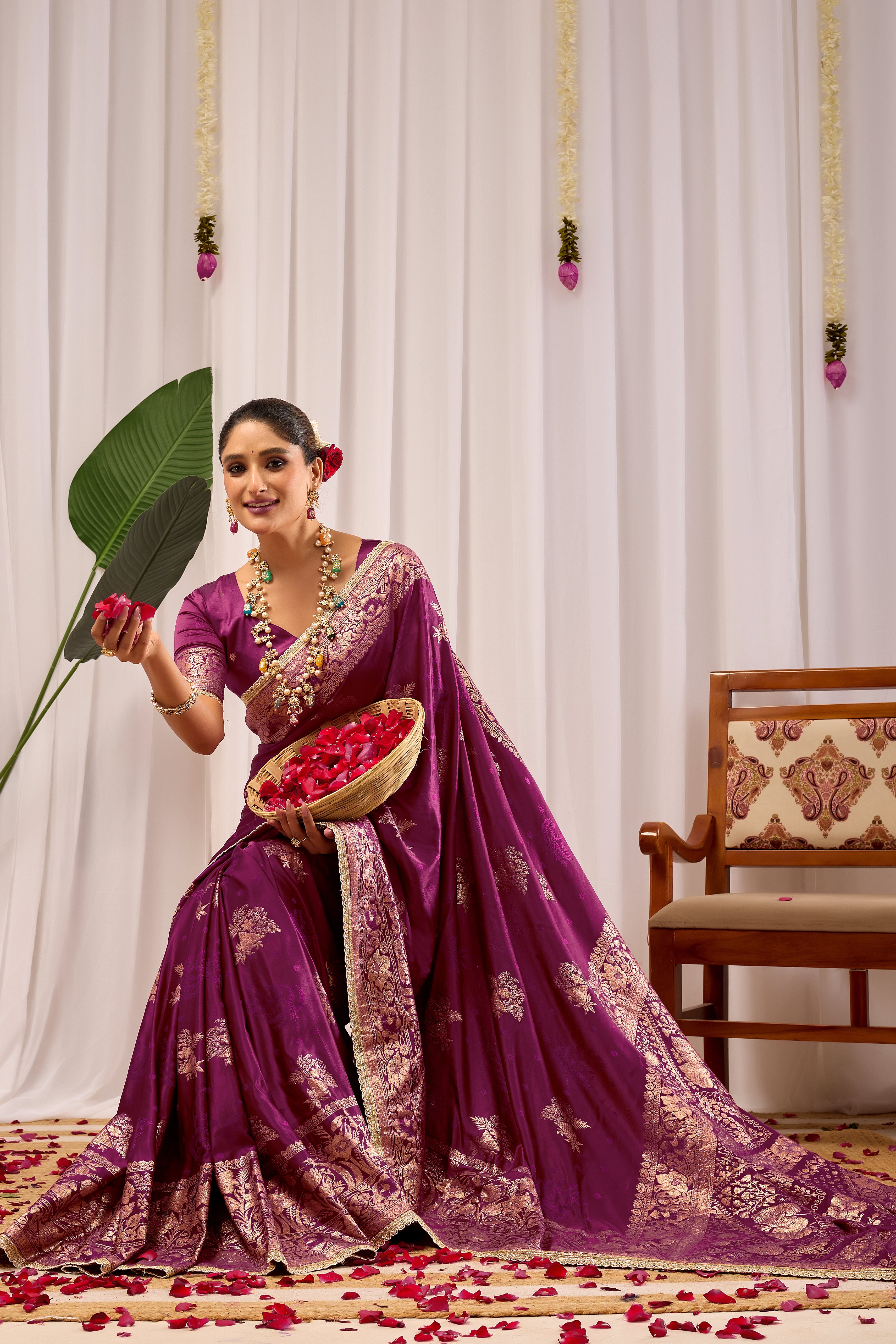 Royal Wine Purple Heritage Floral  Saree in Luxurious Silk Blend with Rich Gold Zari Border and Timeless Traditional Elegance