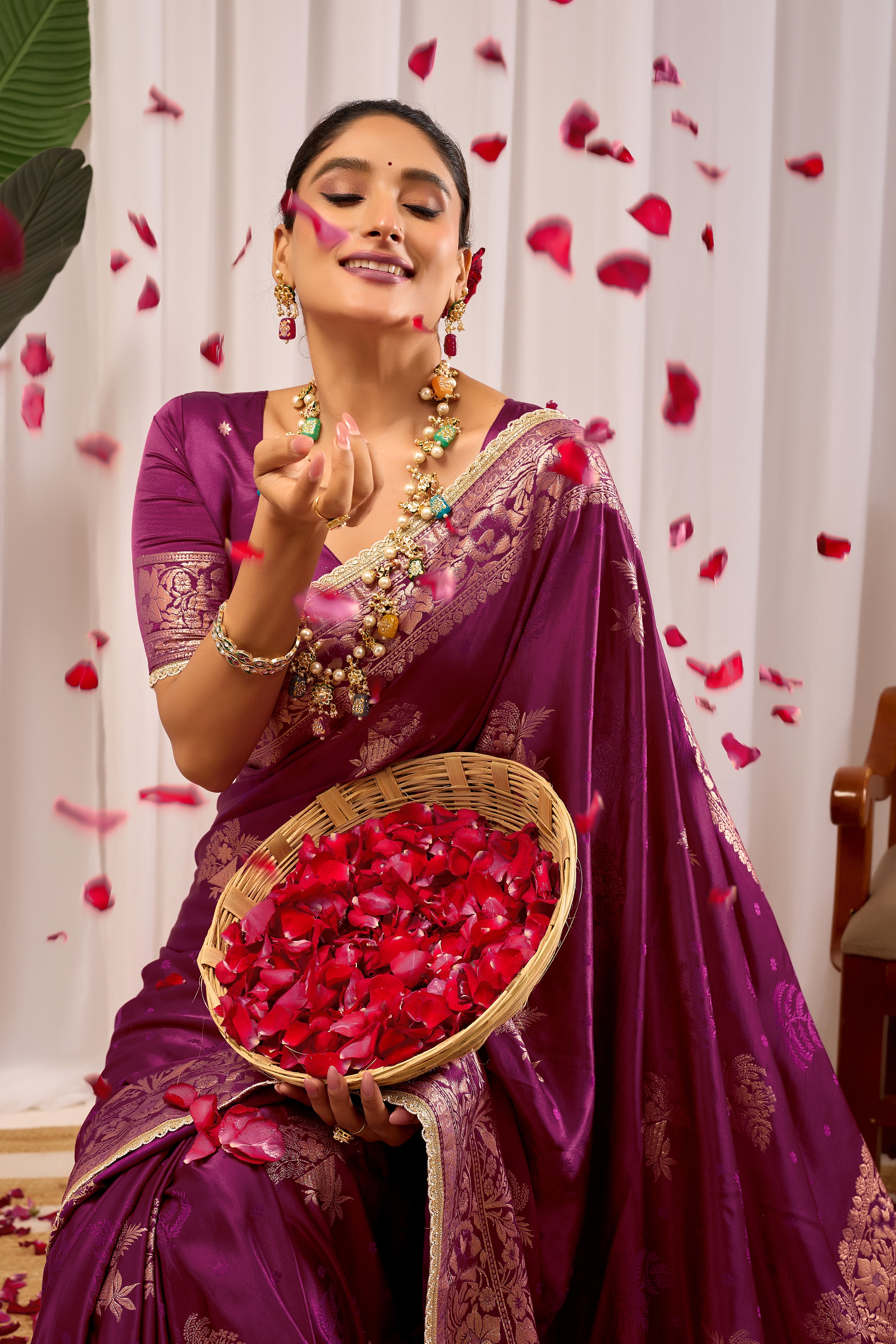 Royal Wine Purple Heritage Floral  Saree in Luxurious Silk Blend with Rich Gold Zari Border and Timeless Traditional Elegance