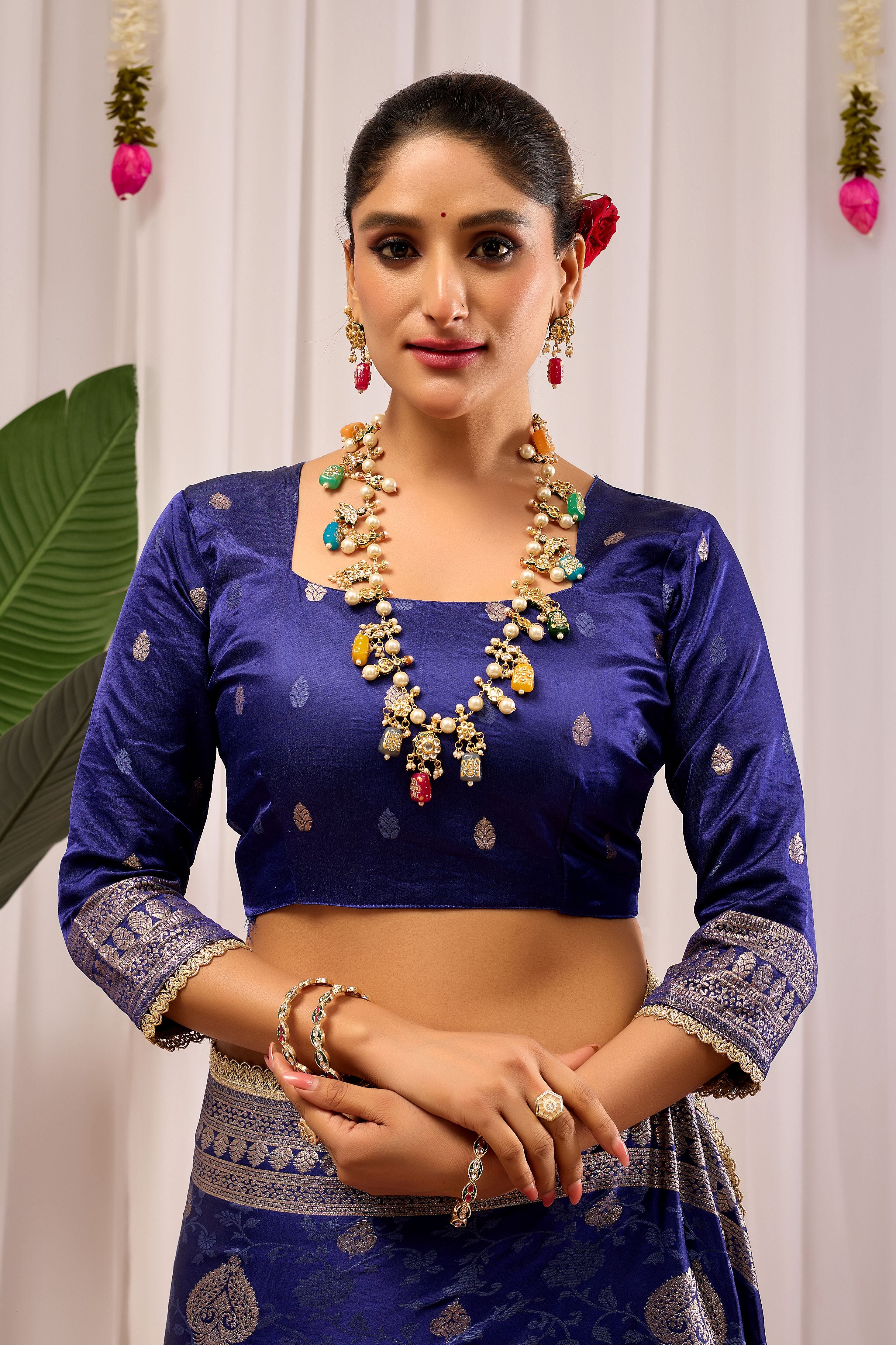 Royal Midnight Blue Heritage Floral  Saree in Luxurious Silk Blend with Intricate Silver Zari Border and Timeless Ethnic Elegance