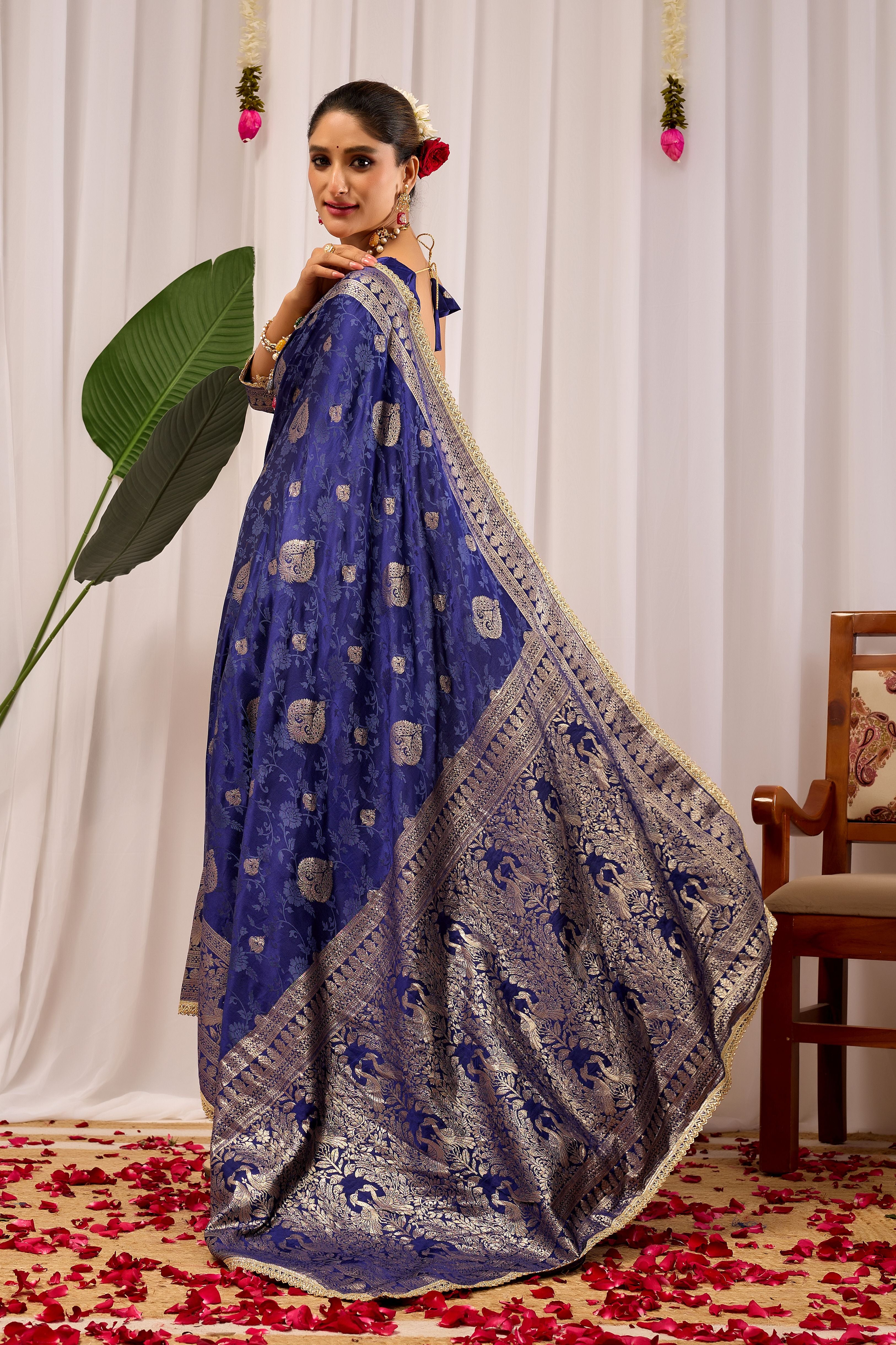 Royal Midnight Blue Heritage Floral  Saree in Luxurious Silk Blend with Intricate Silver Zari Border and Timeless Ethnic Elegance