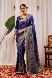 Royal Midnight Blue Heritage Floral  Saree in Luxurious Silk Blend with Intricate Silver Zari Border and Timeless Ethnic Elegance