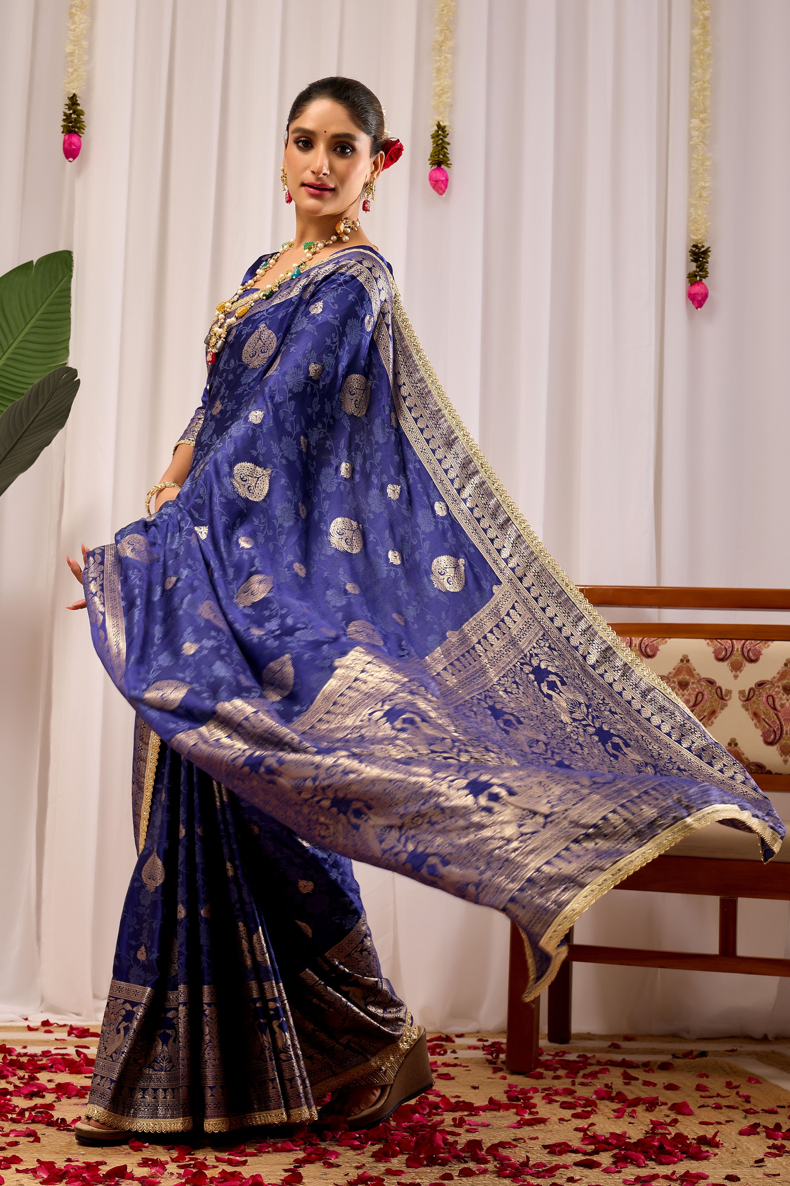 Royal Midnight Blue Heritage Floral  Saree in Luxurious Silk Blend with Intricate Silver Zari Border and Timeless Ethnic Elegance