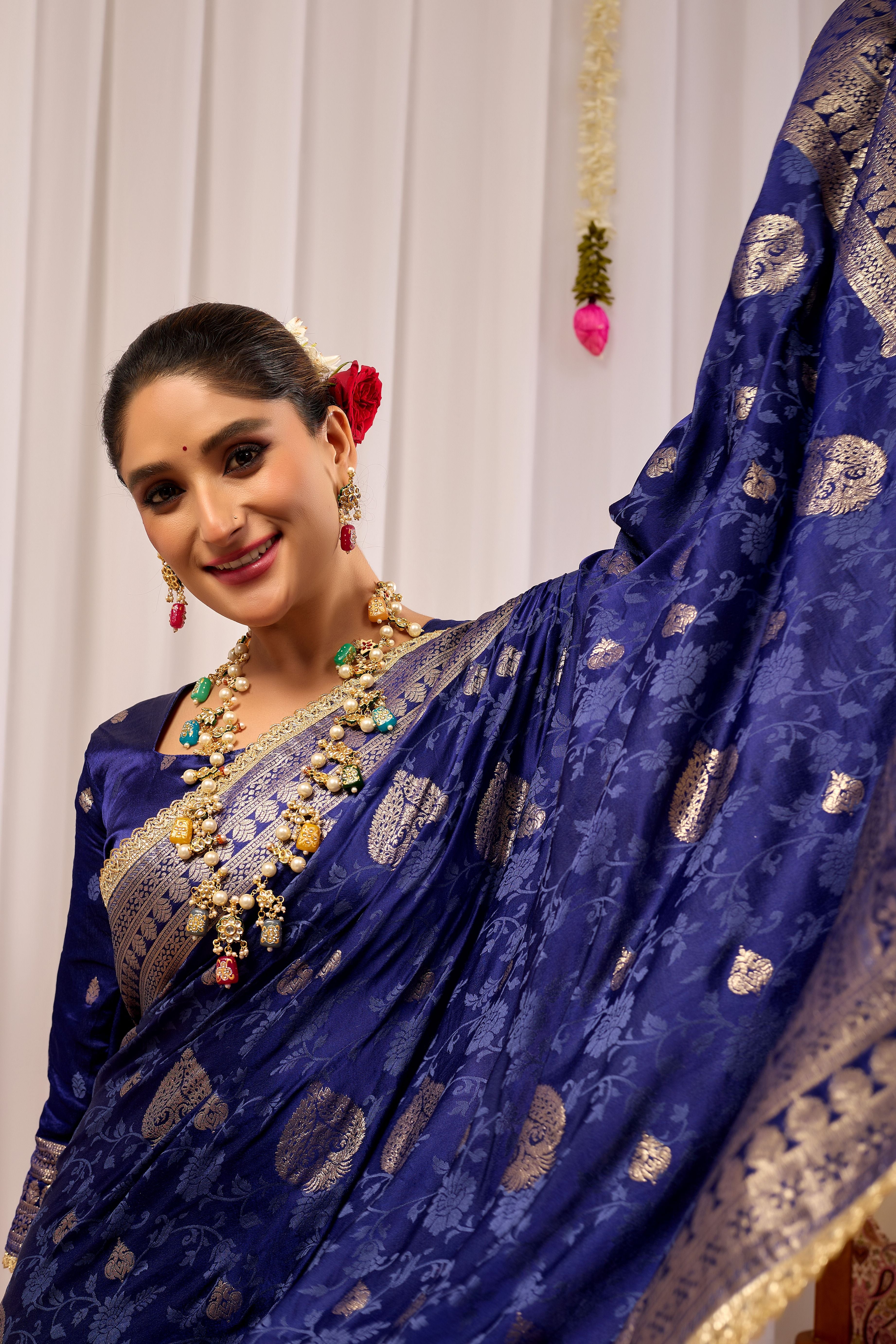 Royal Midnight Blue Heritage Floral  Saree in Luxurious Silk Blend with Intricate Silver Zari Border and Timeless Ethnic Elegance