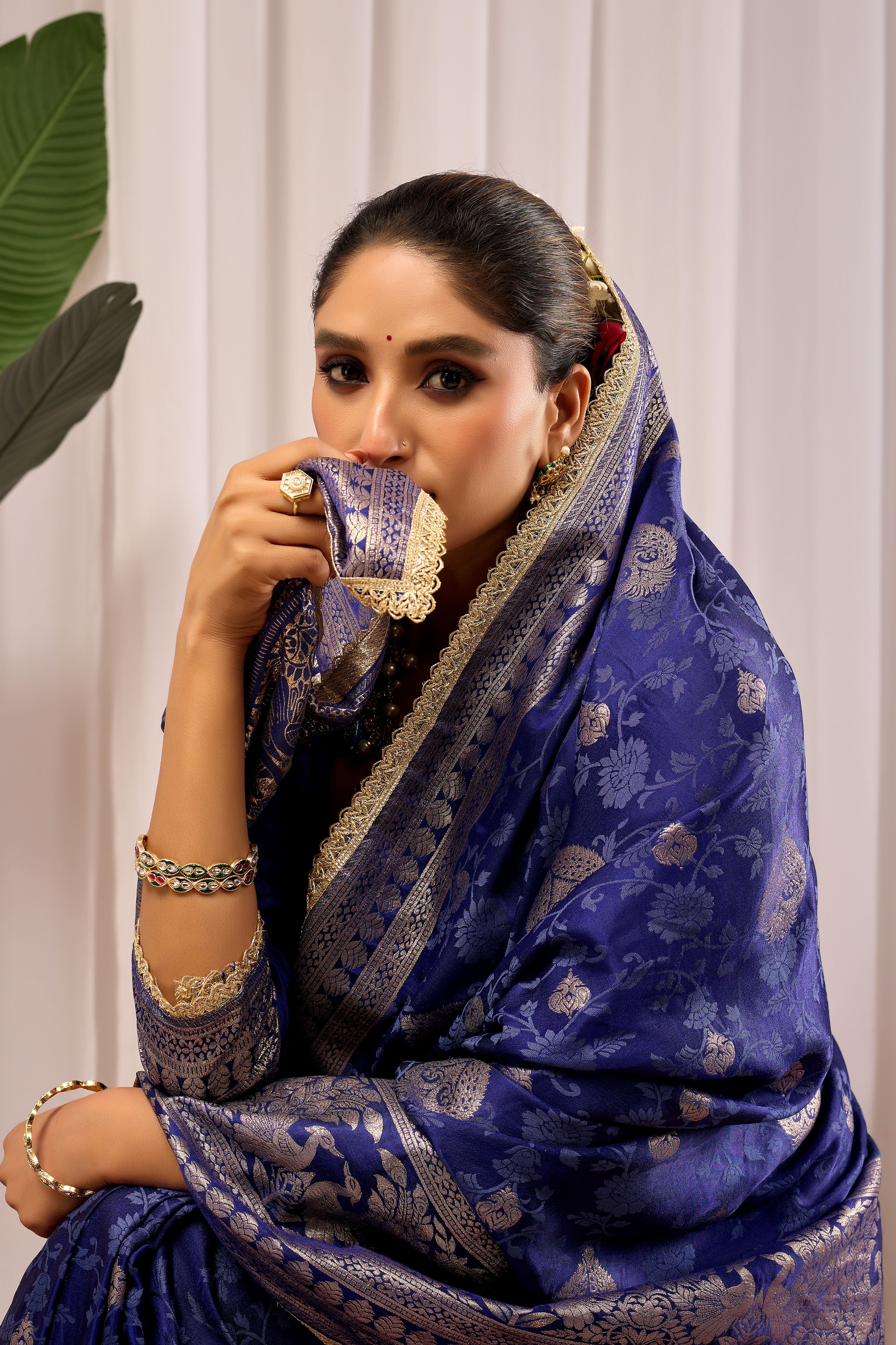 Royal Midnight Blue Heritage Floral  Saree in Luxurious Silk Blend with Intricate Silver Zari Border and Timeless Ethnic Elegance