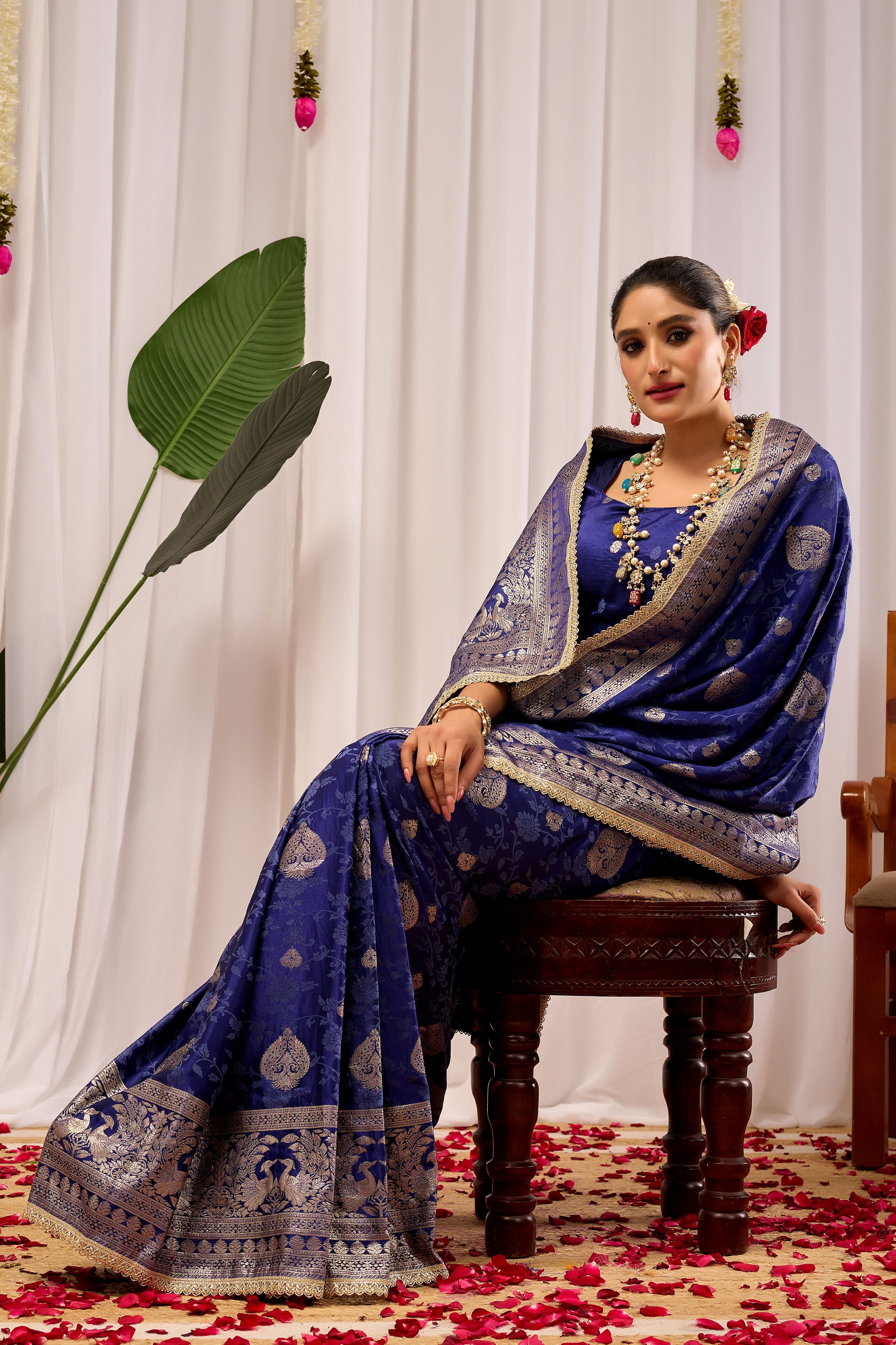 Royal Midnight Blue Heritage Floral  Saree in Luxurious Silk Blend with Intricate Silver Zari Border and Timeless Ethnic Elegance
