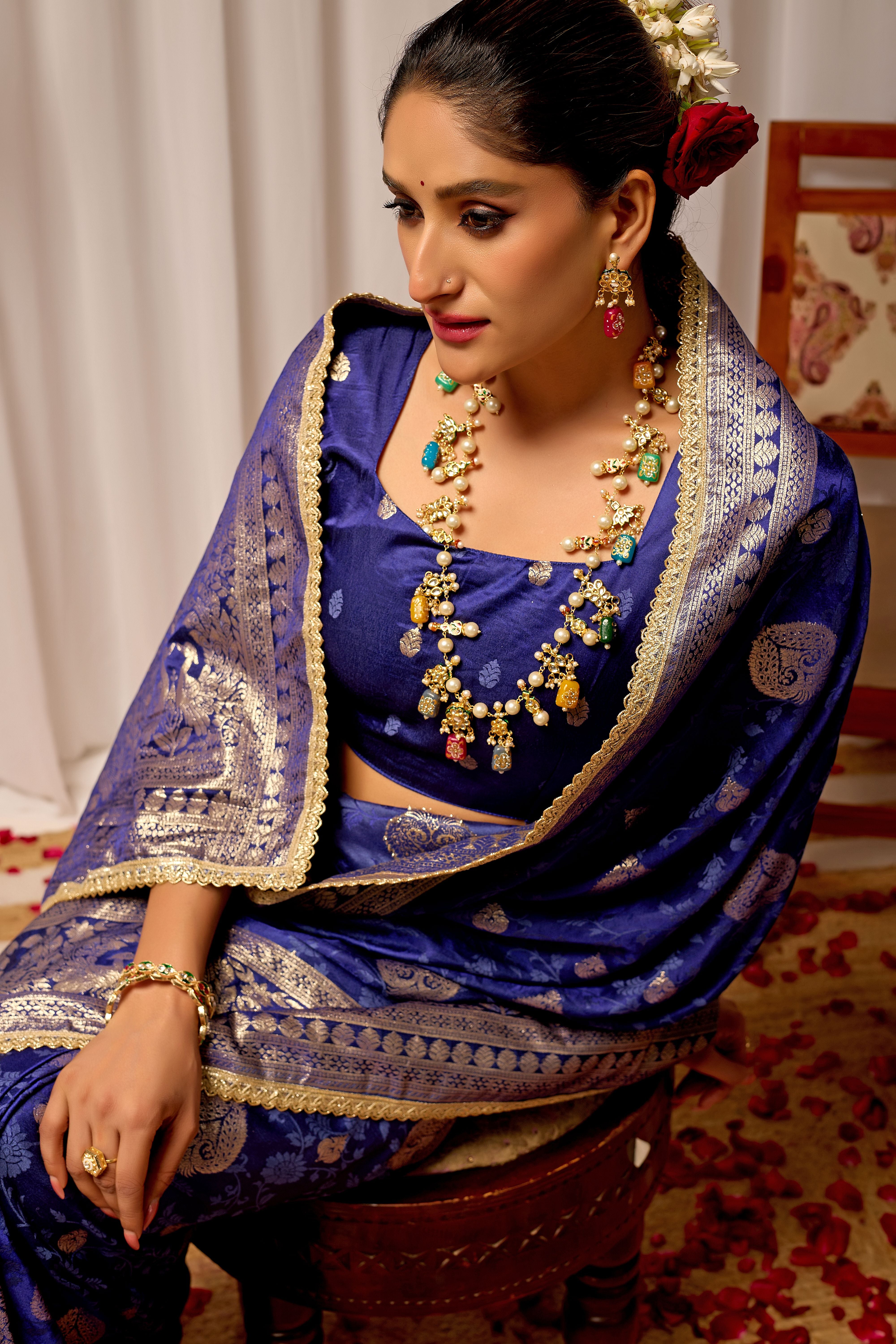 Royal Midnight Blue Heritage Floral  Saree in Luxurious Silk Blend with Intricate Silver Zari Border and Timeless Ethnic Elegance