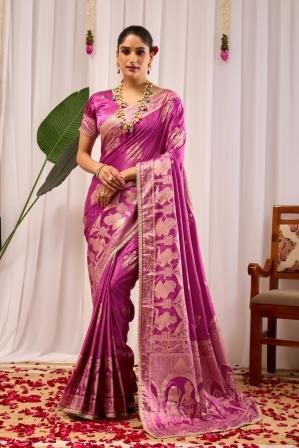 Royal Orchid Pink Heritage Floral Saree in Luxurious Silk Blend with Intricate Zari Border and Timeless Festive Elegance