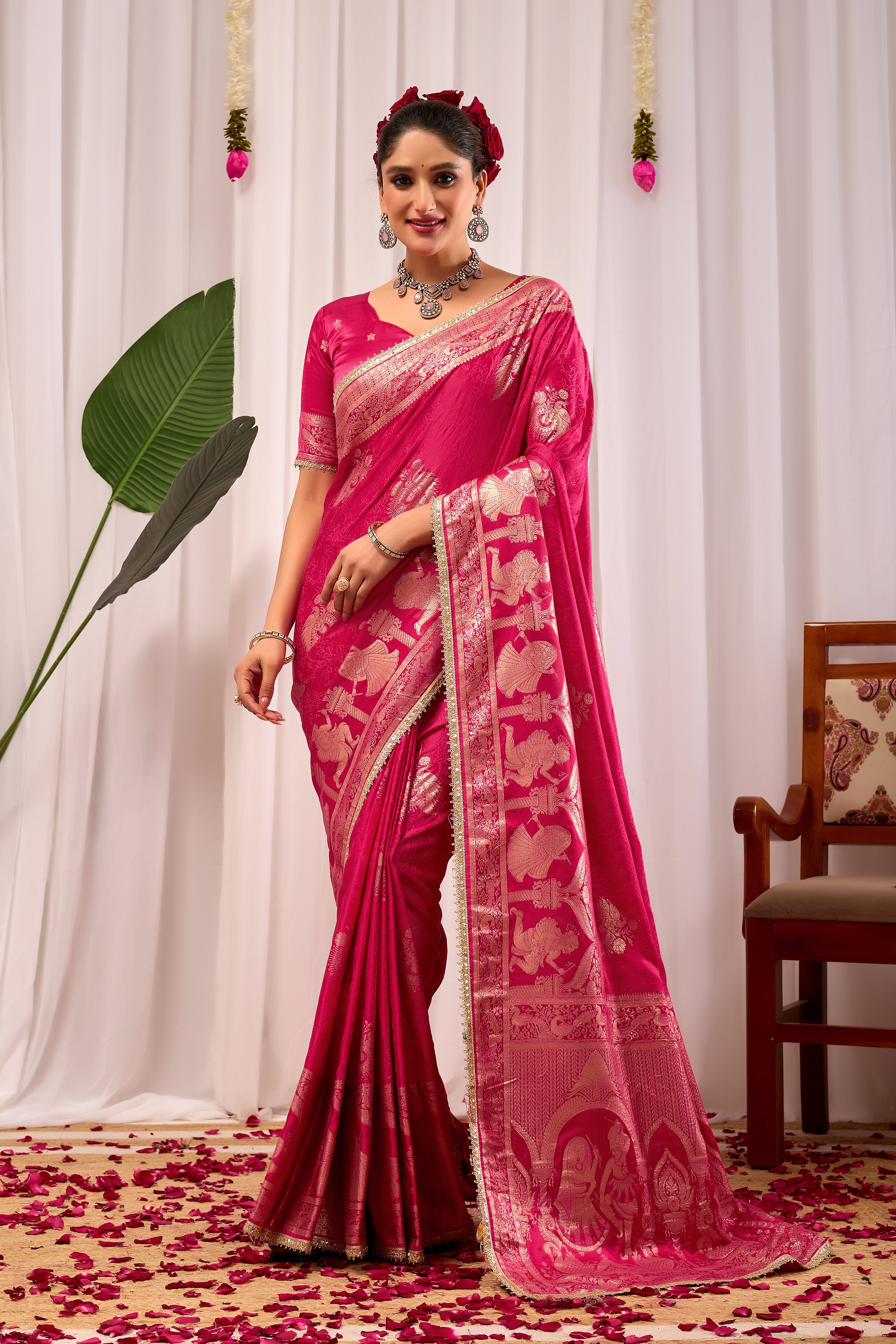 Royal Magenta satin silk saree with Antique Gold Zari Motifs