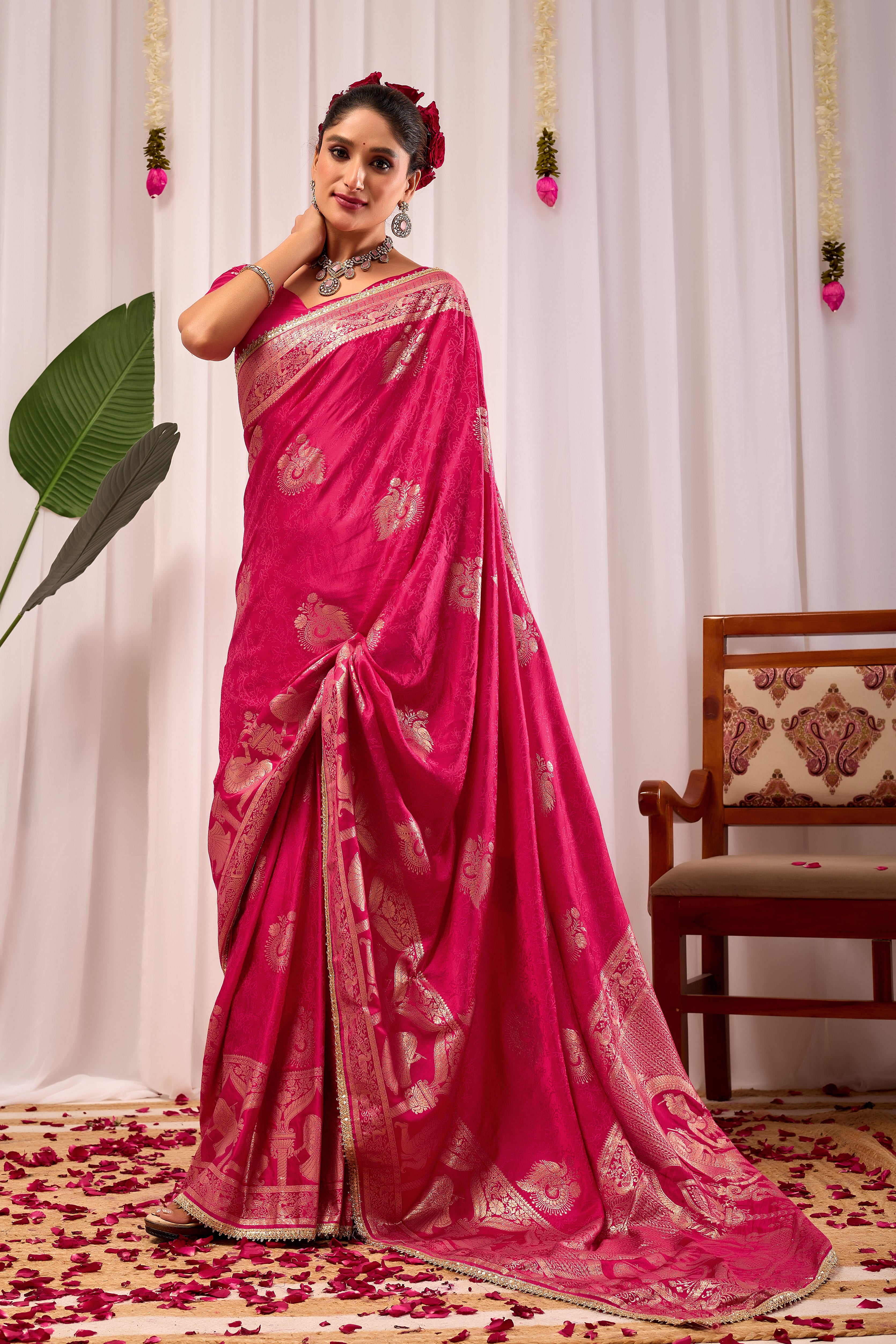 Royal Magenta satin silk saree with Antique Gold Zari Motifs