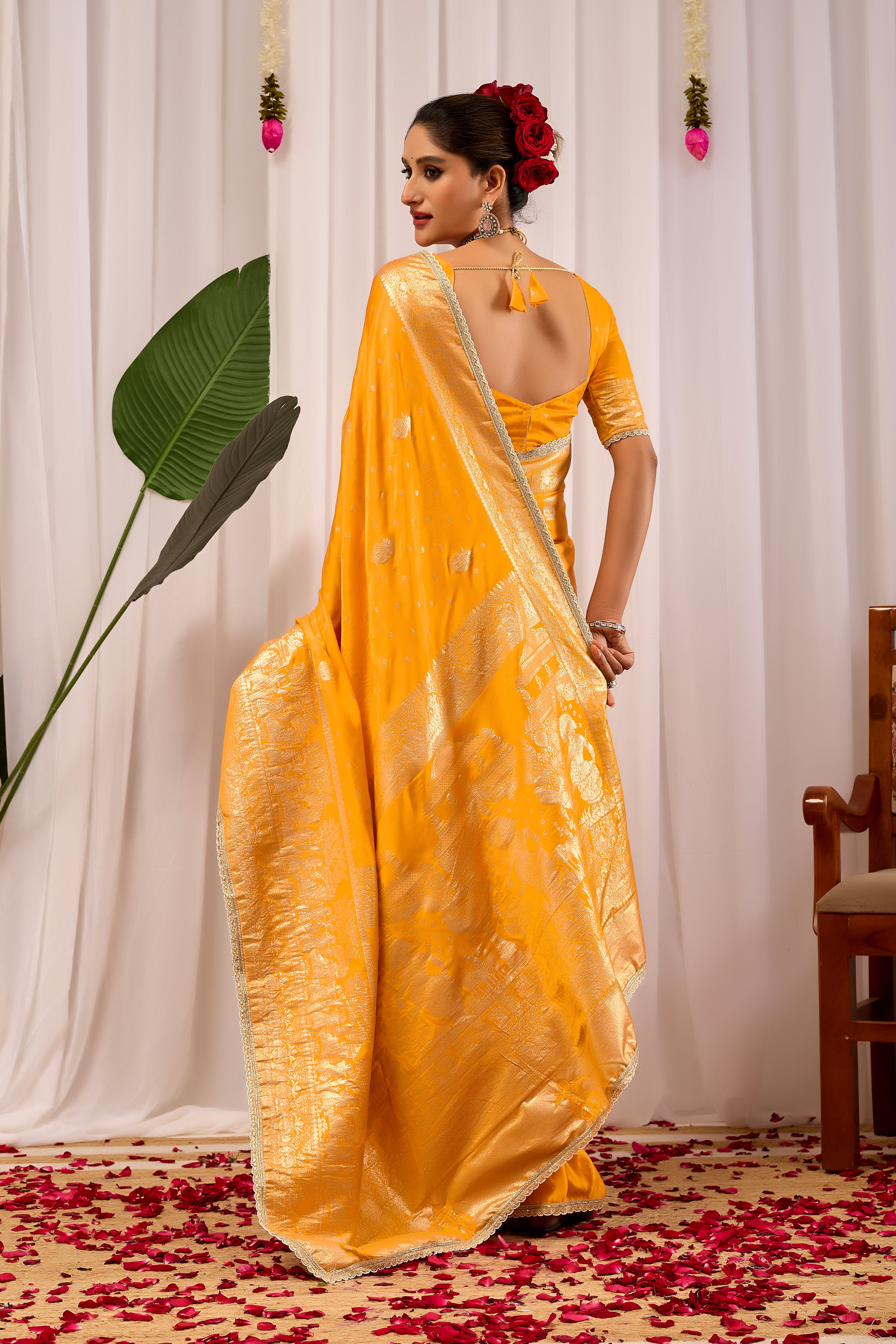 Royal Mustard Yellow  Satin Satin Silk Saree with Antique Gold Zari Weaving