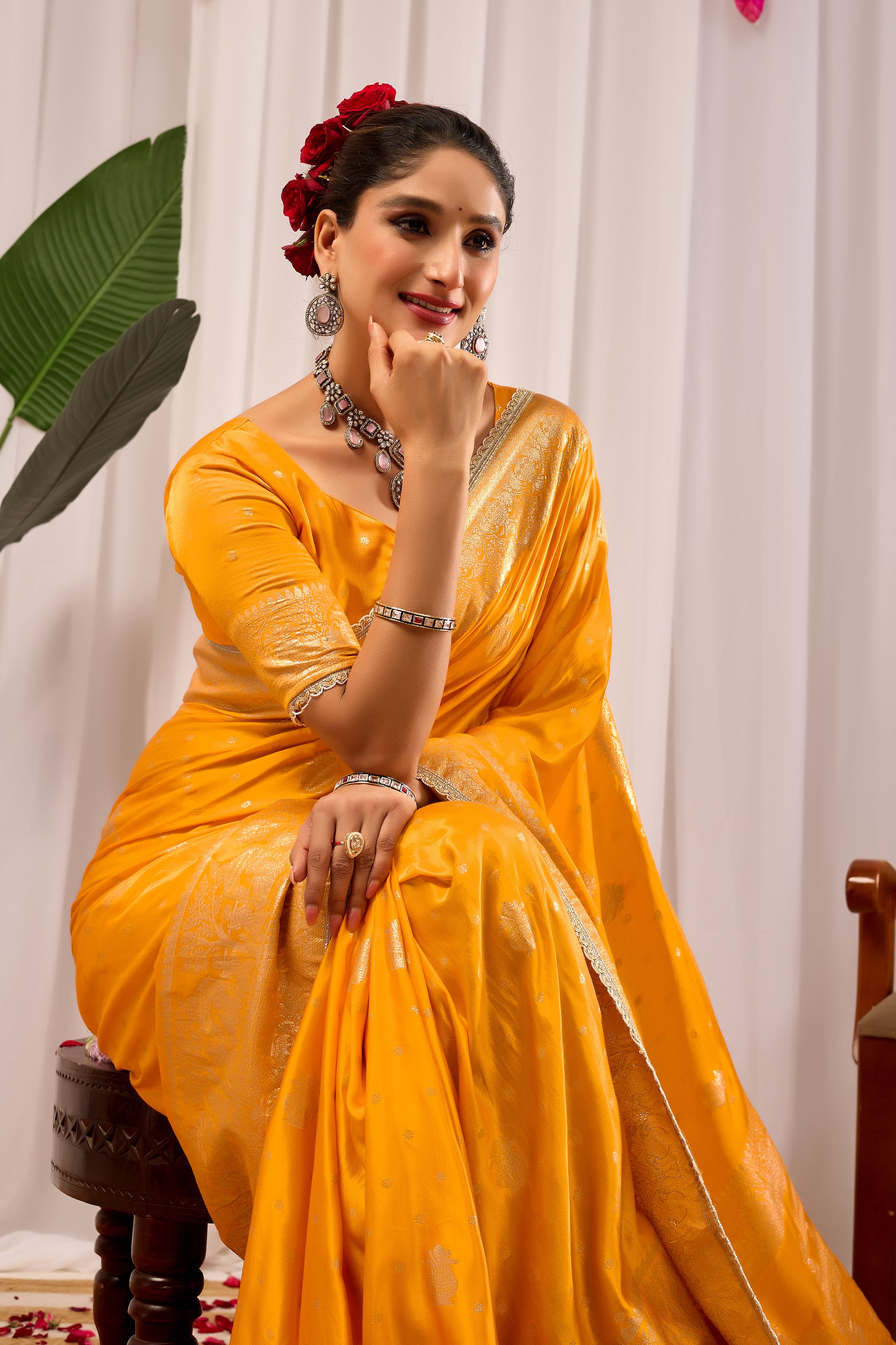 Royal Mustard Yellow  Satin Satin Silk Saree with Antique Gold Zari Weaving