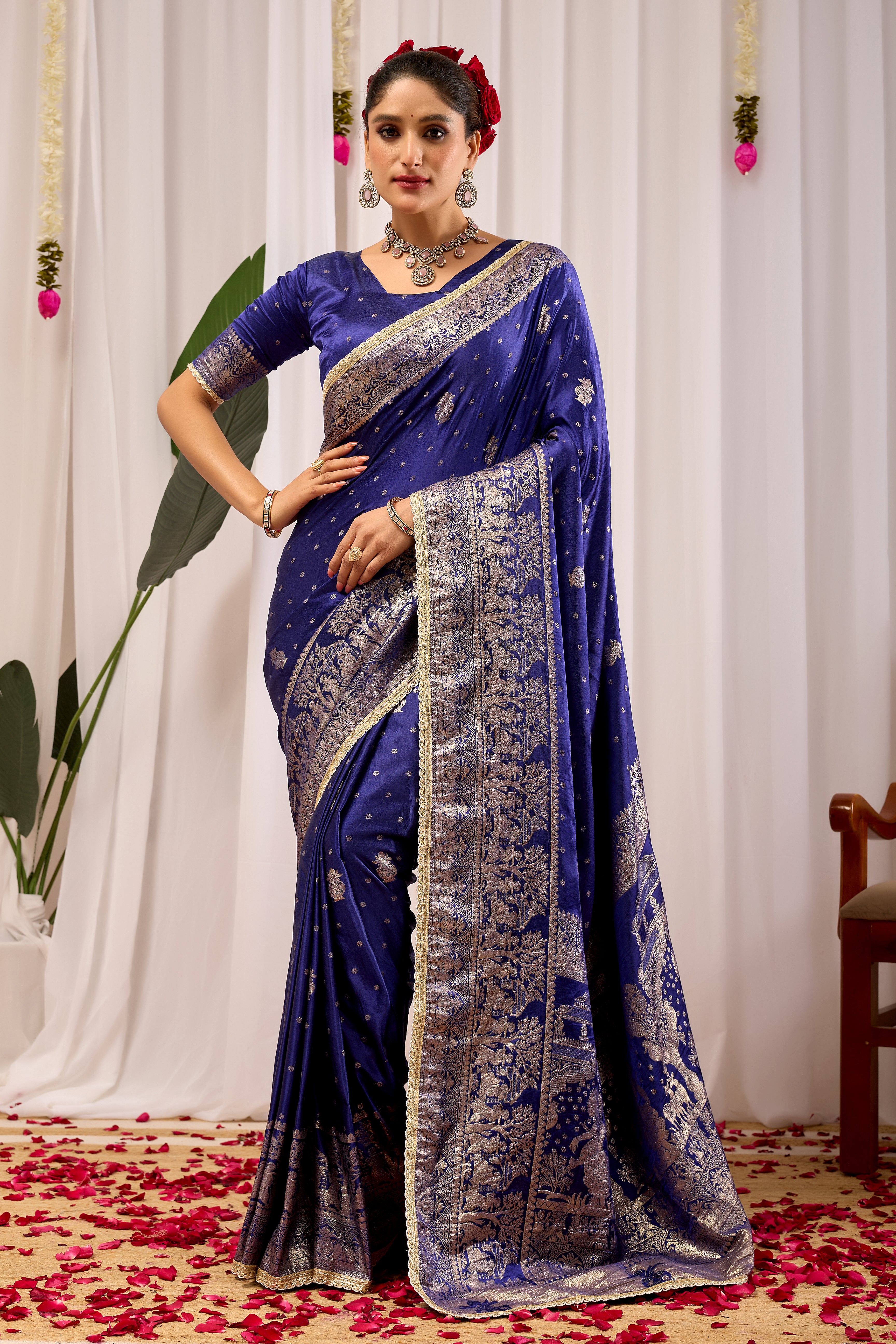 Imperial Royal  Blue Satin Silk Saree in Antique Silver Weave